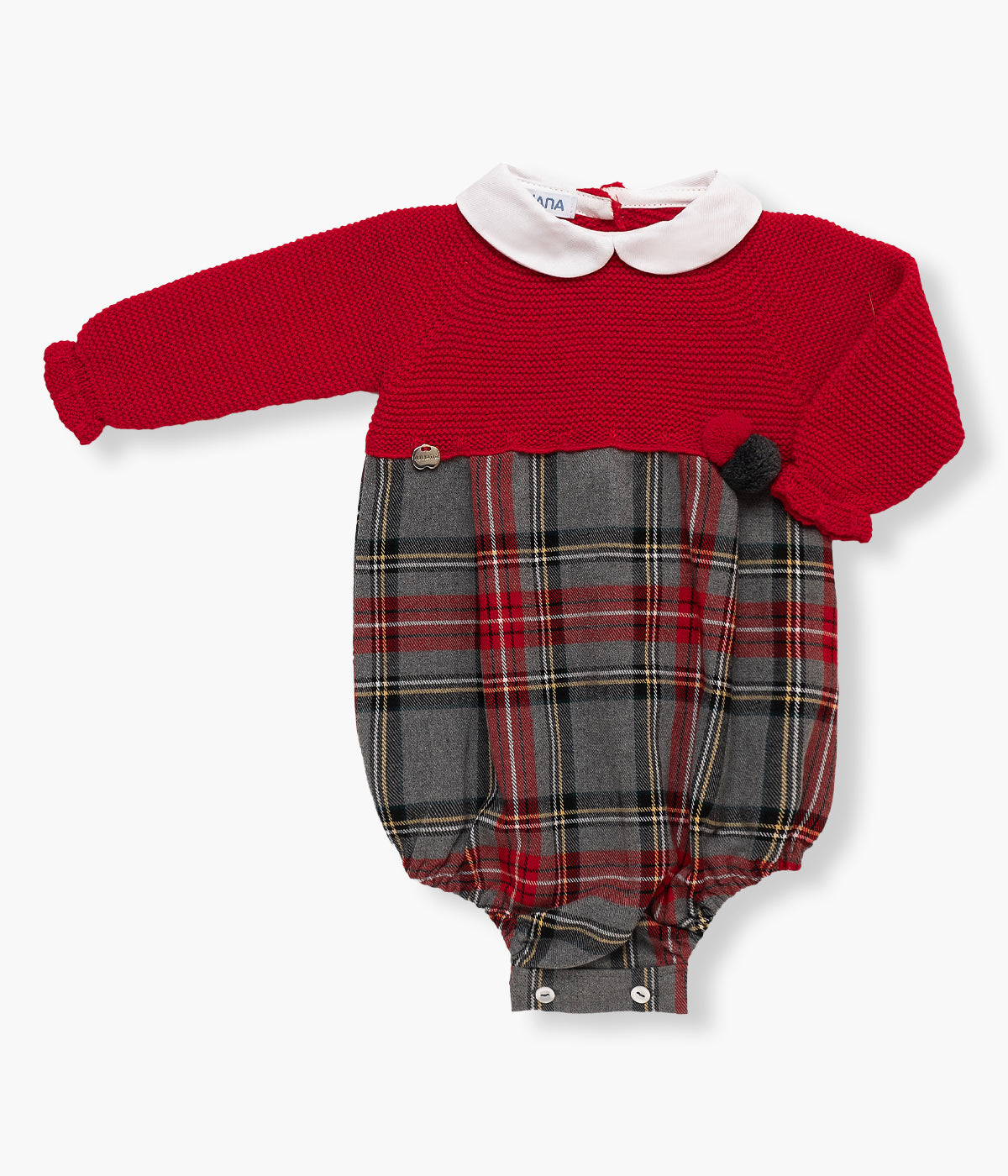 Fofo de malha da Juliana para bebé e recém-nascido(a) adequdo para natal. Elegante fofo com gola redonda branca, parte superior em malha vermelha e parte inferior com padrão xadrez em tons de vermelho e cinza. Interior com forro. Abertura nas costas e entrepernas.