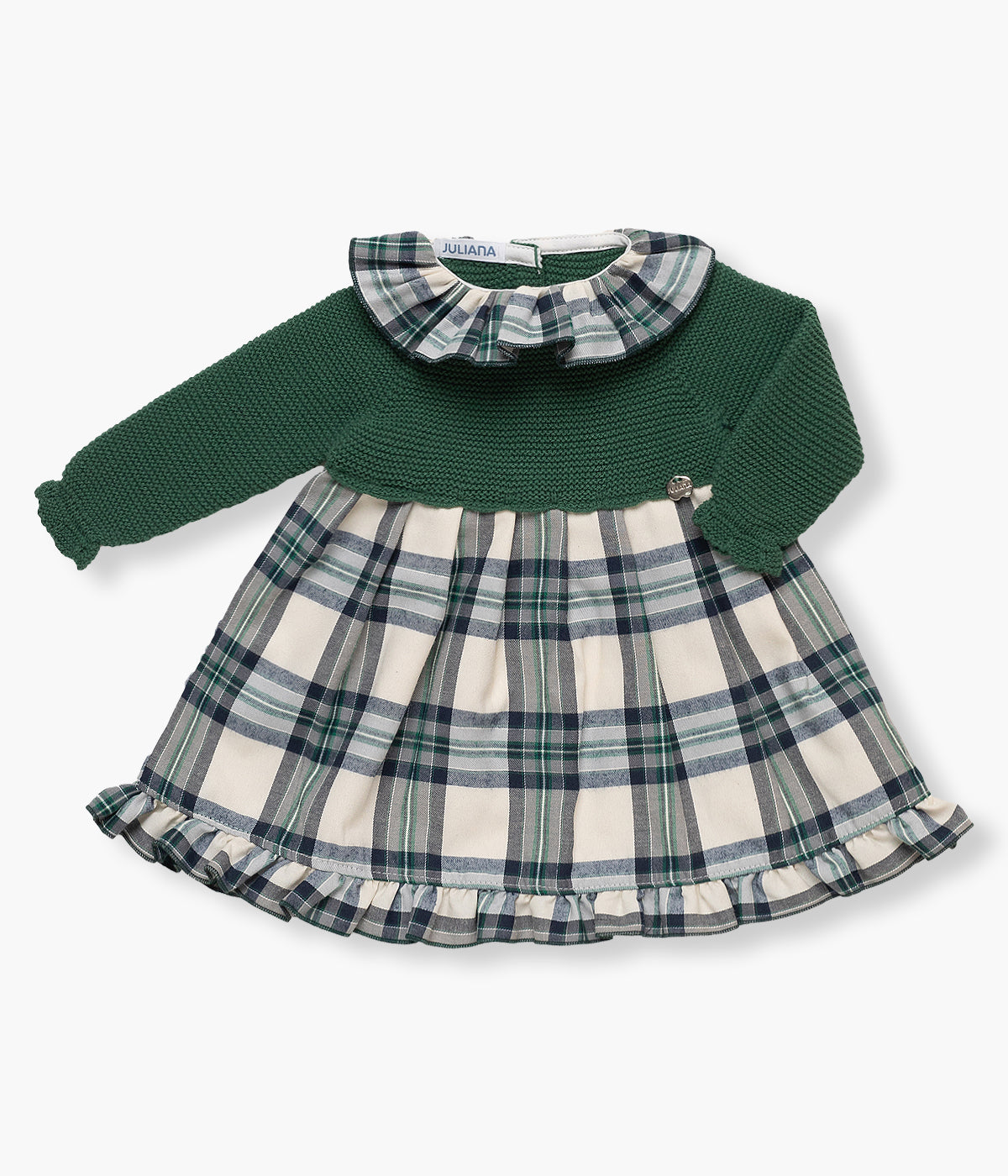 Vestido da Juliana para bebé menina e recém-nascida adequado para o natal. Parte superior em malha verde com gola folho padrão xadrez em tons de bege e azul-marinho. Parte inferior em tecido com padrão a combinar com a gola. Forro em algodão.