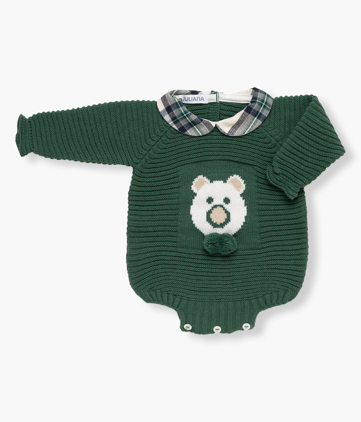 Fofo de malha verde para natal da Juliana para bebé e recém-nascido(a). Elegante fofo com gola redonda xadrez, urso bordado no peito com pompons decorativos. Abertura nas costas e entrepernas.