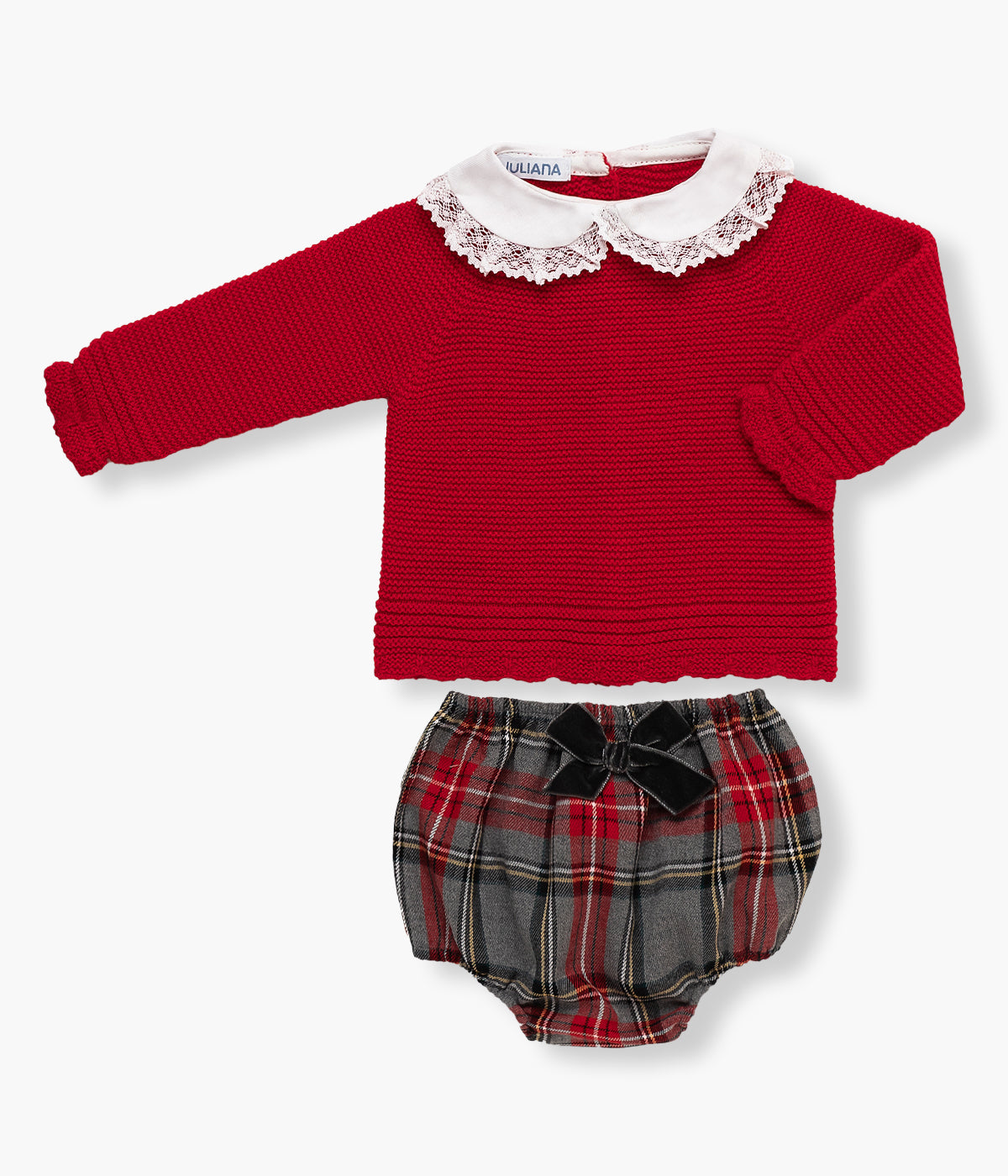 Conjunto de 2 peças da Juliana para bebé menina e recém-nascida adequado para natal. Camisola em malha com lã merino vermelha com gola redonda cortada e rebordo em renda branca. Tapa fraldas padrão xadrez em tons de cinza e vermelho com laço na frente.