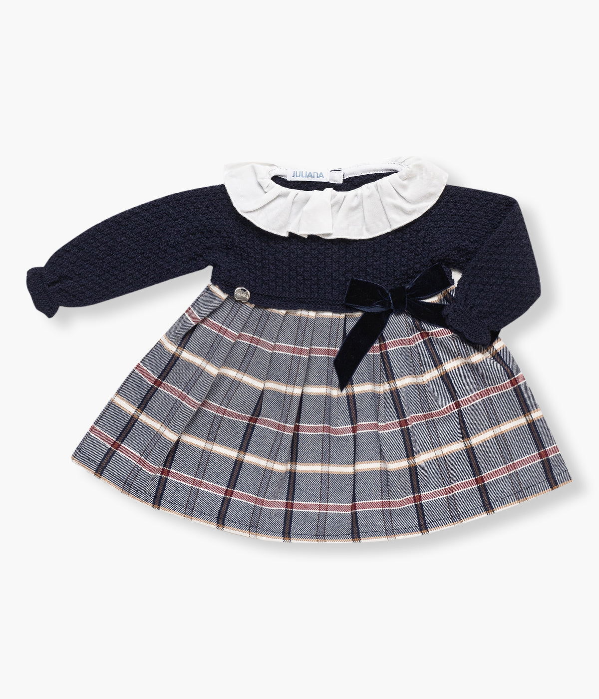 Vestido da Juliana para bebé menina e recém-nascida adequado para natal. Parte superior em malha azul-marinho com gola folho branca e laço em veludo. Parte inferior em tecido com padrão xadrez em tons de azul, bege e vermelho. Forro em algodão.