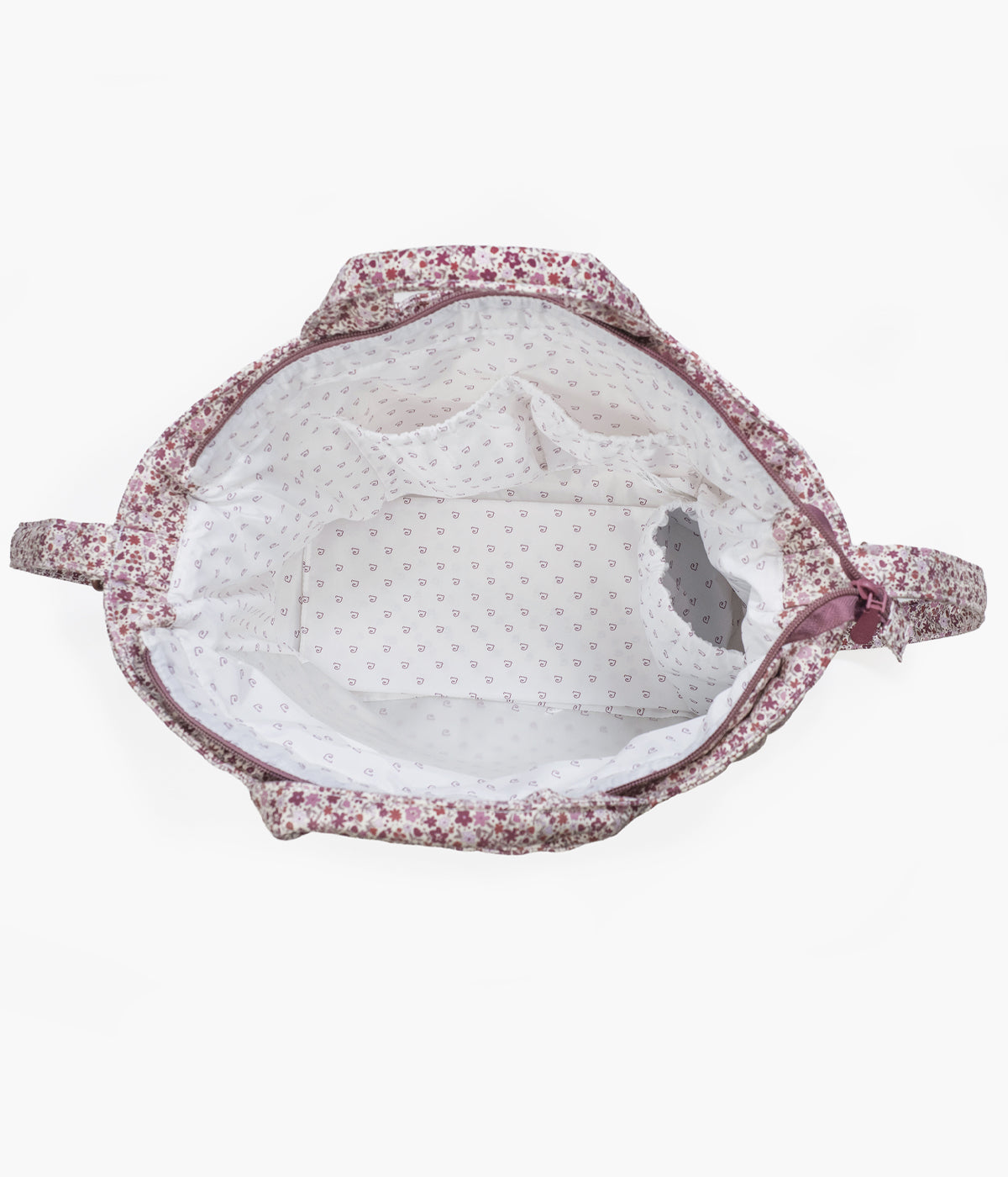 Bolsa de passeio Cherry Flowers da Pasito a Pasito aberta e com bolsos à vista.