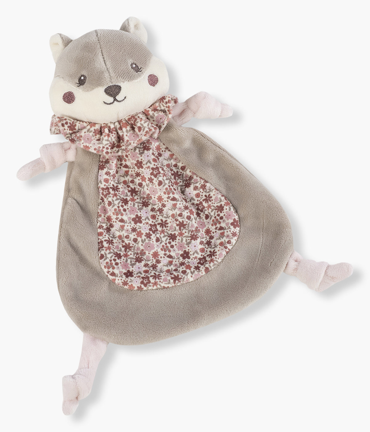 Doudou Pasito a Pasito Cherry Flowers em forma de esquilo para bebé menina e recém-nascida. Perfeita combinação de veludo com delalhes florais e peluche extra macio, proporcionando uma textura delicada ao toque, ideal para acalmar, reconfortar e estimular o sentido do tato desde o nascimento.