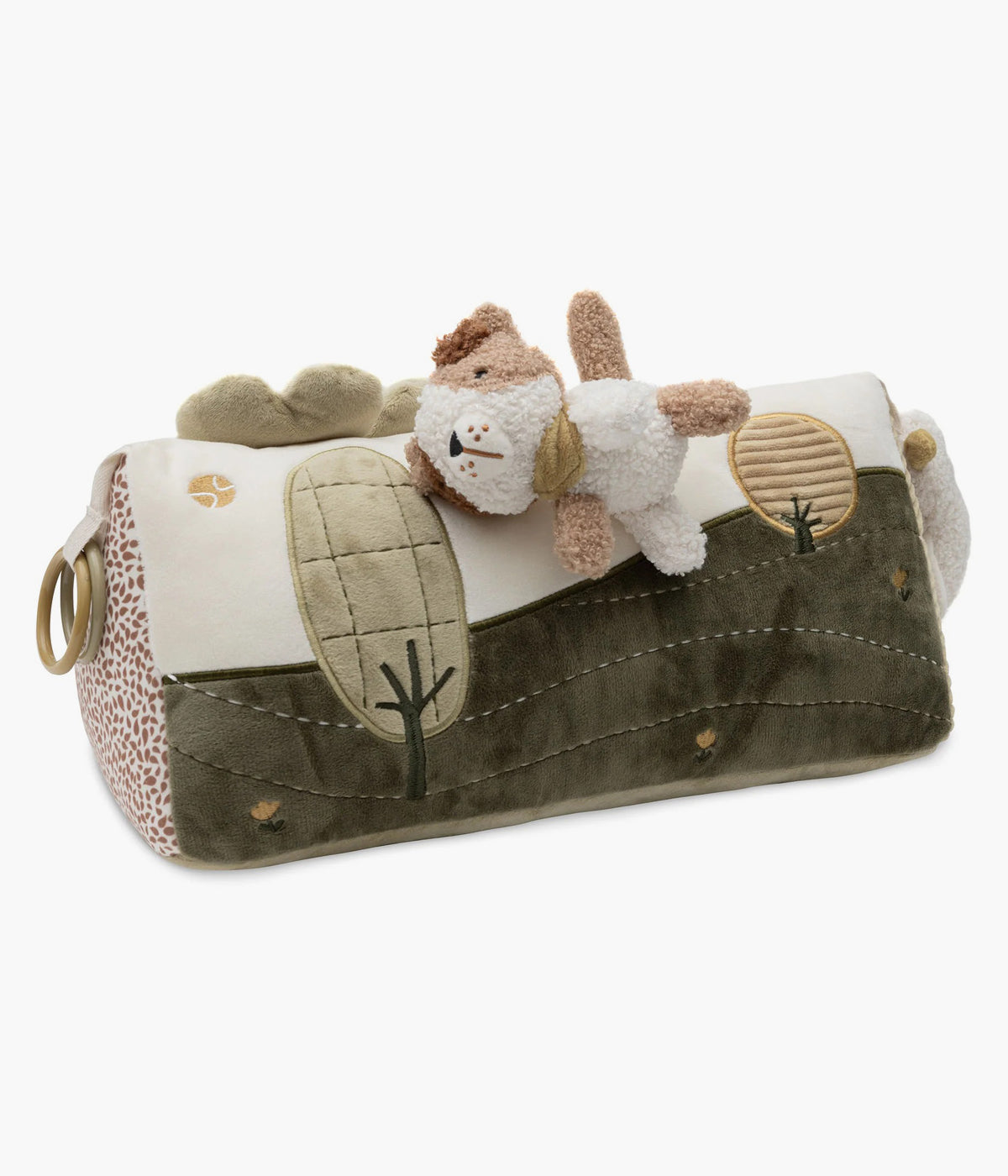 Triângulo de Atividades Tiny Park da Jollein para bebé. Brinquedo sensorial que oferece horas de descoberta com espelho, elementos sensoriais e bordados adoráveis. Suave, confortável e perfeito para estimular o bebé no parque ou durante o tummy time.