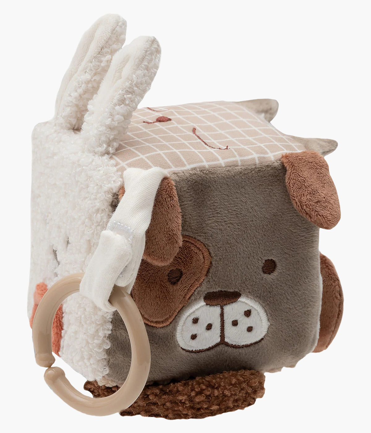 Cubo de Atividades Animal Friends da Jollein para bebé e recém-nascido(a). Com chocalhos, espelhos e tecidos crepitantes que estimulam o desenvolvimento do bebé, este brinquedo envolvente é perfeito para pendurar ou para o bebé manusear.