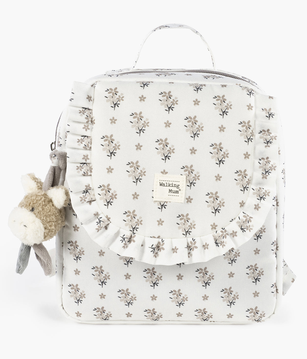 Mochila mini para criança Walking Mum Botton Flowers com padrão floral em fundo pérola e um amoroso burro em peluche na frente. Esta pequena mochila é a escolha perfeita para os primeiros anos da criança, seja na creche, em passeios ou em momentos especiais.