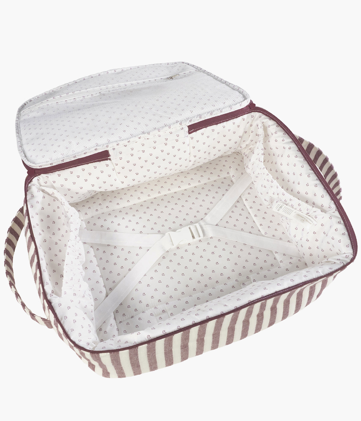 Mala de maternidade Pasito a Pasito Cherry Strips aberta com compartimentos visiveis.