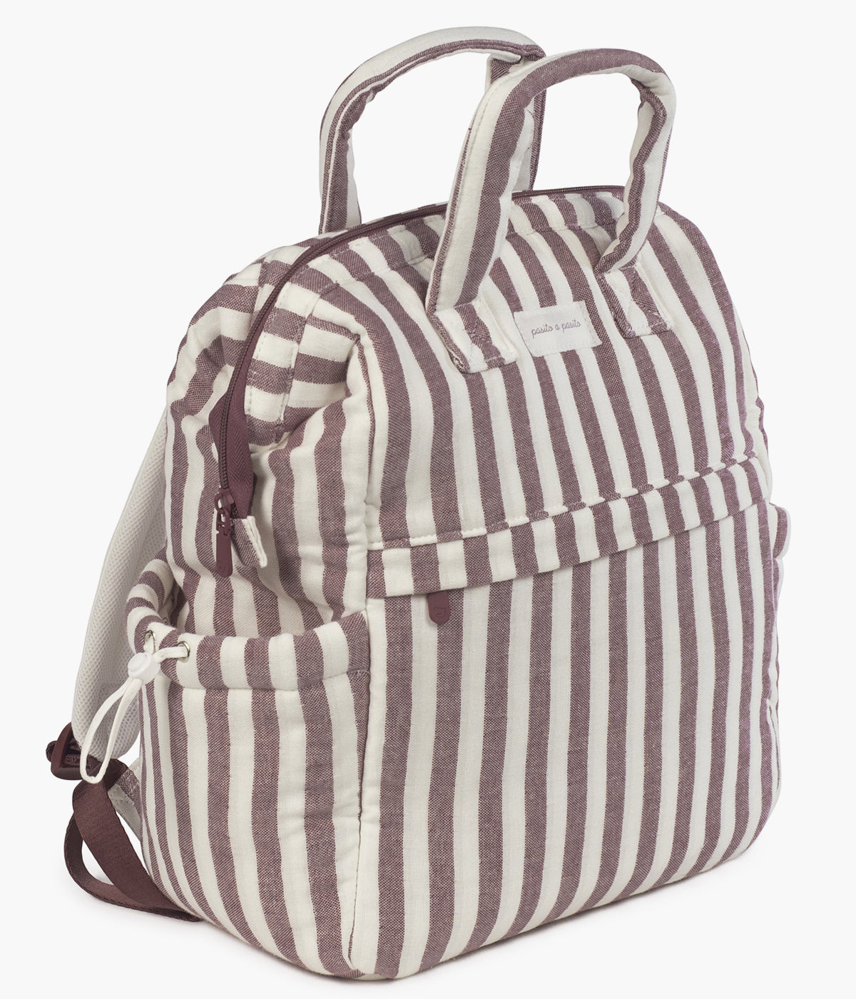 Mochila de maternidade Cherry Strips da Pasito a Pasito vista de lado.