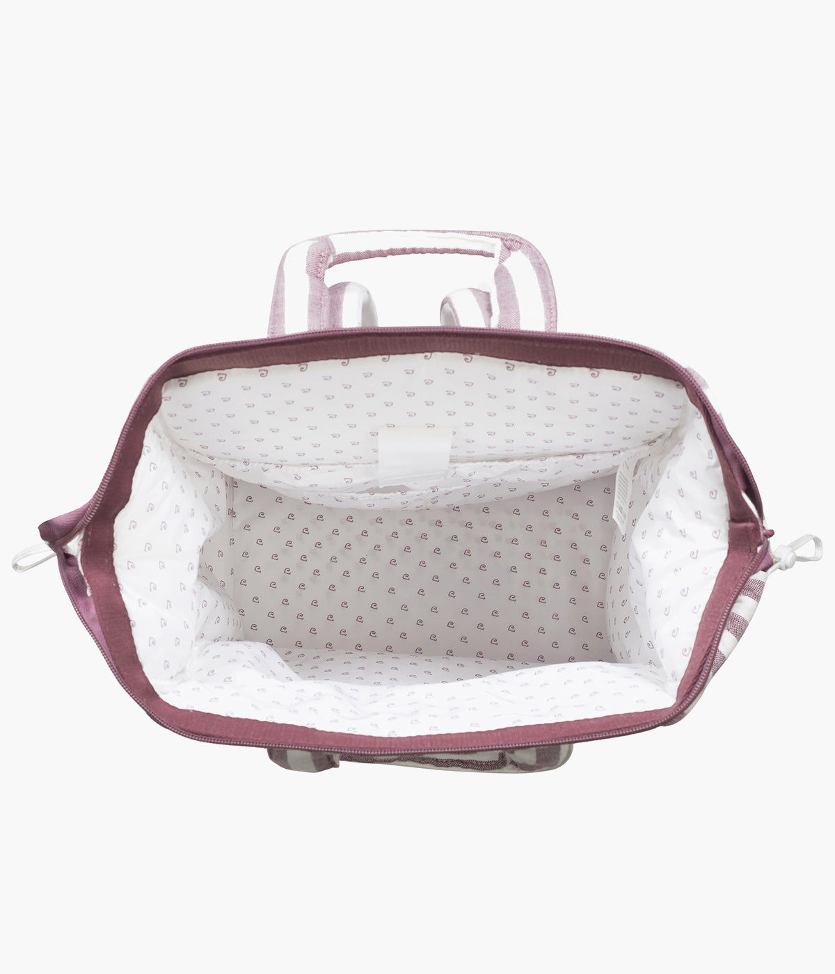 Mochila de maternidade Cherry Strips da Pasito a Pasito aberta com compartimentos à vista.