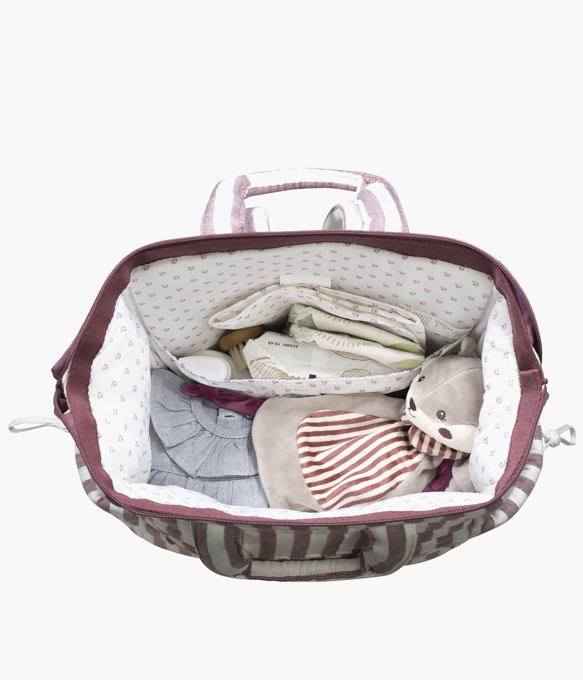 Mochila de maternidade Cherry Strips da Pasito a Pasito aberta e cheia de coisas para bebé.