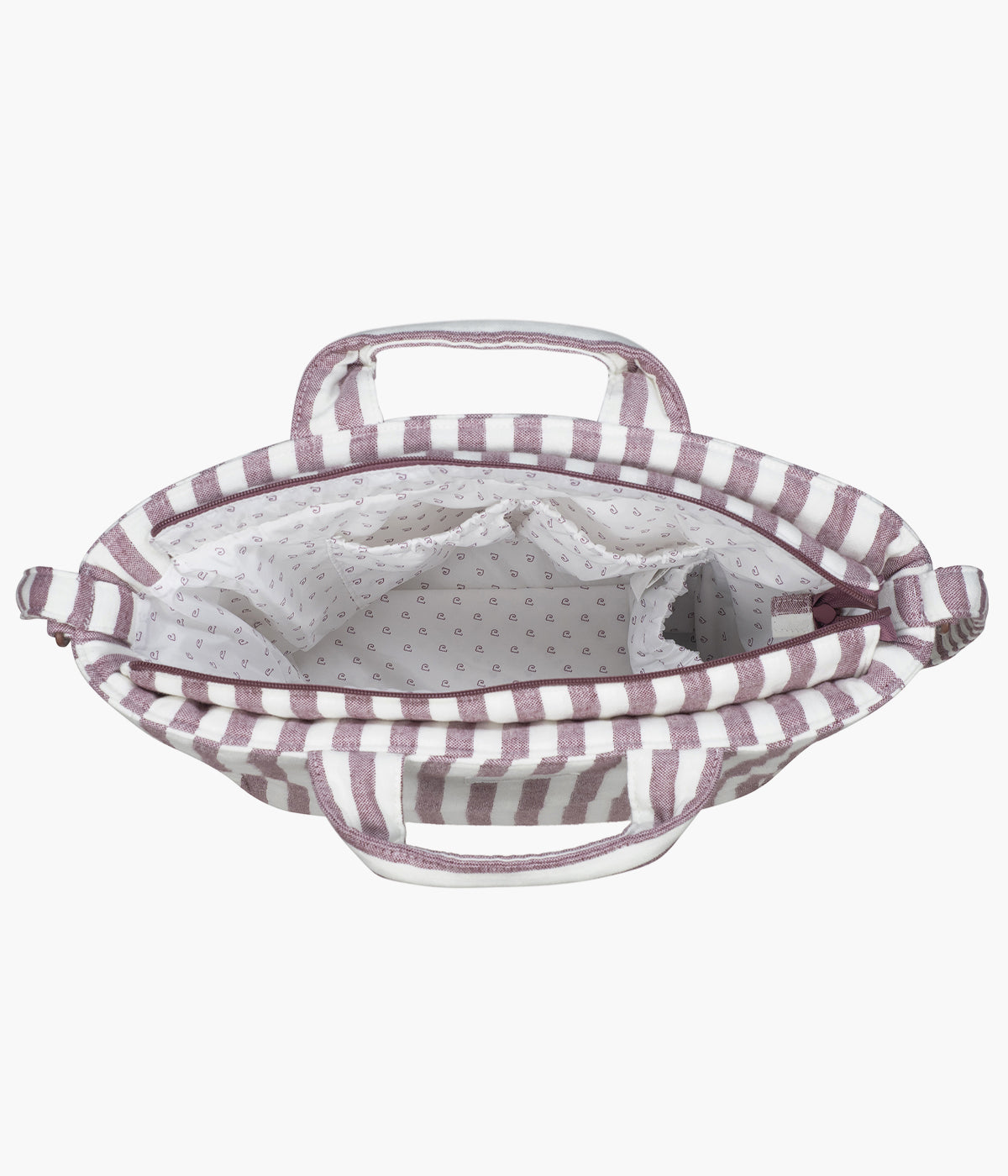 Bolsa de passeio Cherry Strips da Pasito a Pasito aberta com compartimentos visíveis.