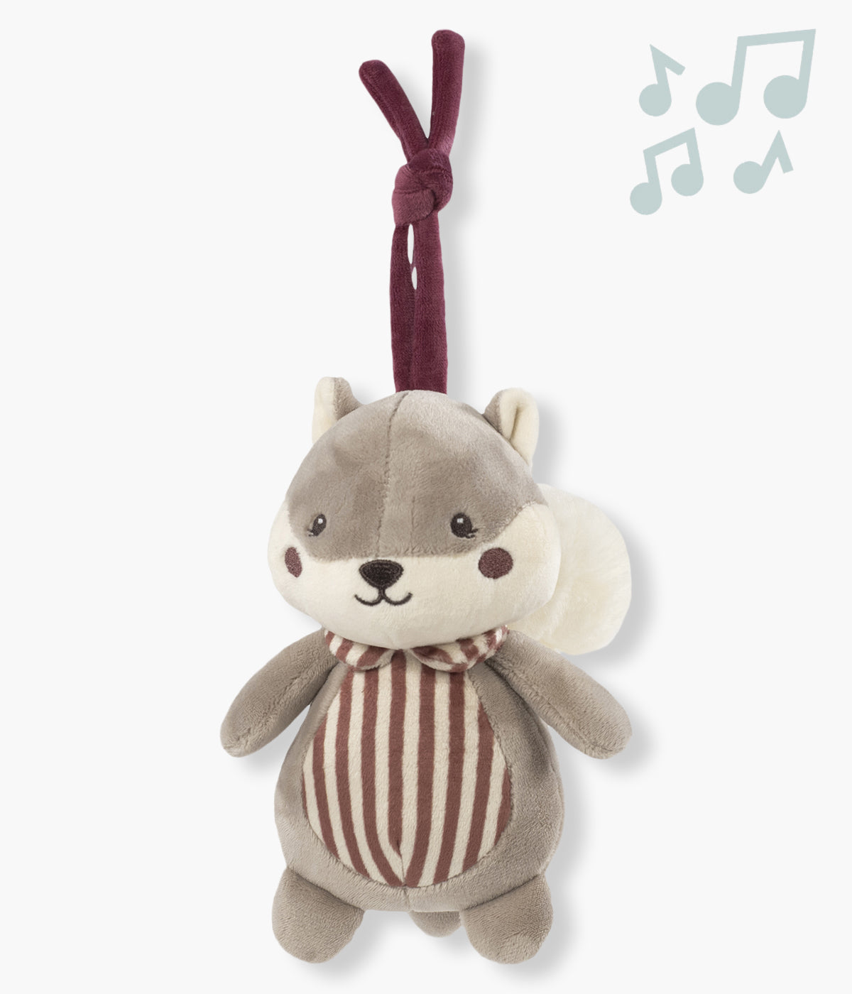 Peluche musical Pasito a Pasito Cherry Strips em forma de esquilo para bebé e recém-nascido(a). Com um design encantador e uma textura macia, este esquilo traz um toque de ternura ao berço ou parque, criando um ambiente relaxante e estimulante ao mesmo tempo.