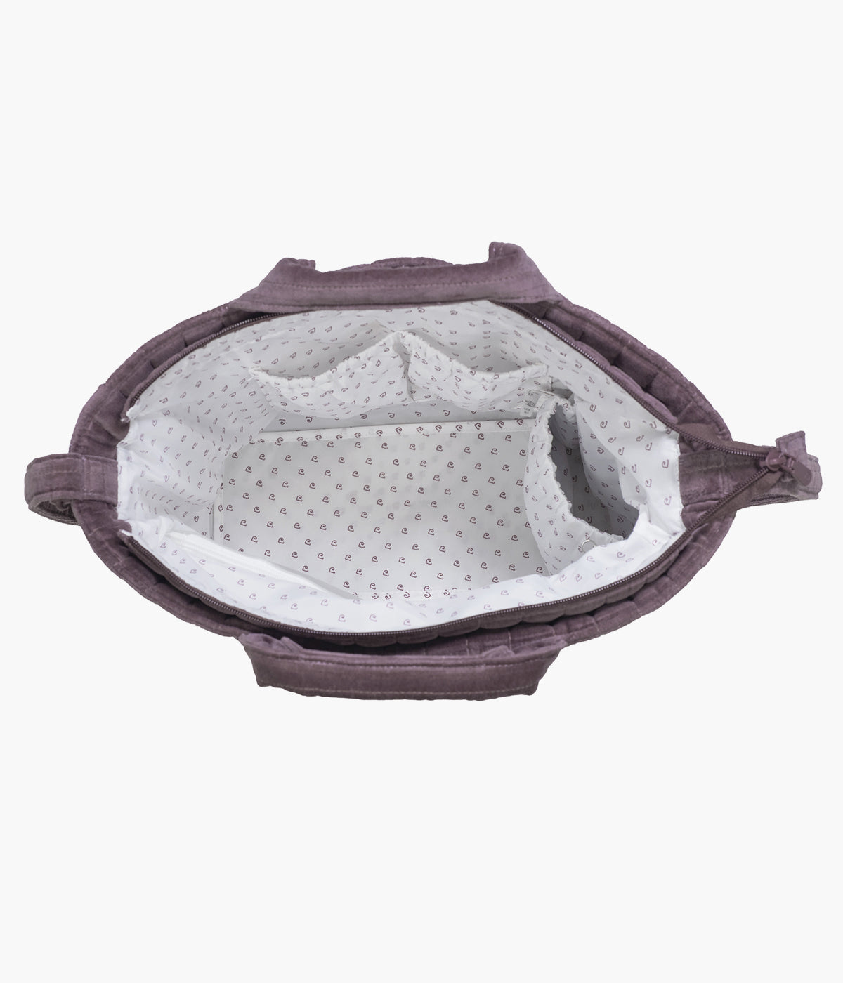 Bolsa de passeio Cherry Velvet da Pasito a Pasito aberta com compartimentos visiveis.