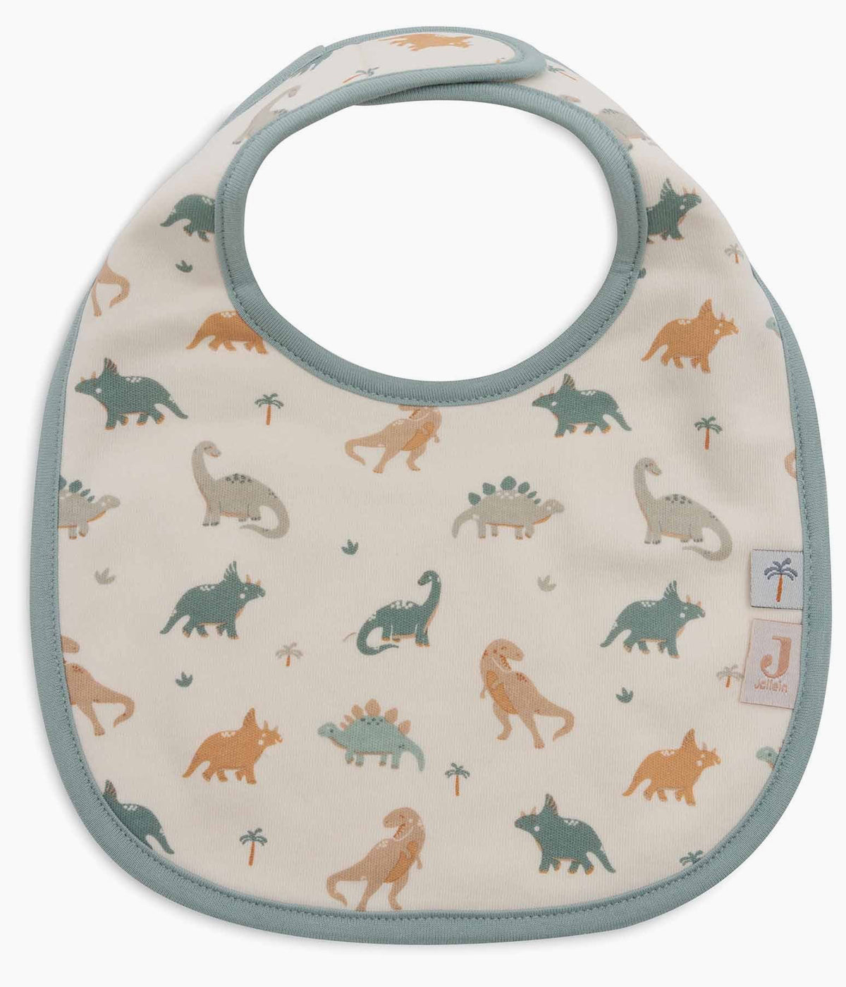 Pack de 5 babetes impermeáveis Roarsome da Jollein, 100% algodão. Perfeitas para as refeições do bebé, possuem um fecho em velcro para colocar e retirar facilmente. Práticas babetes que mantêm a roupa limpa e seca, combinando funcionalidade e um toque encantador com padrões alusivos aos dinossauros.