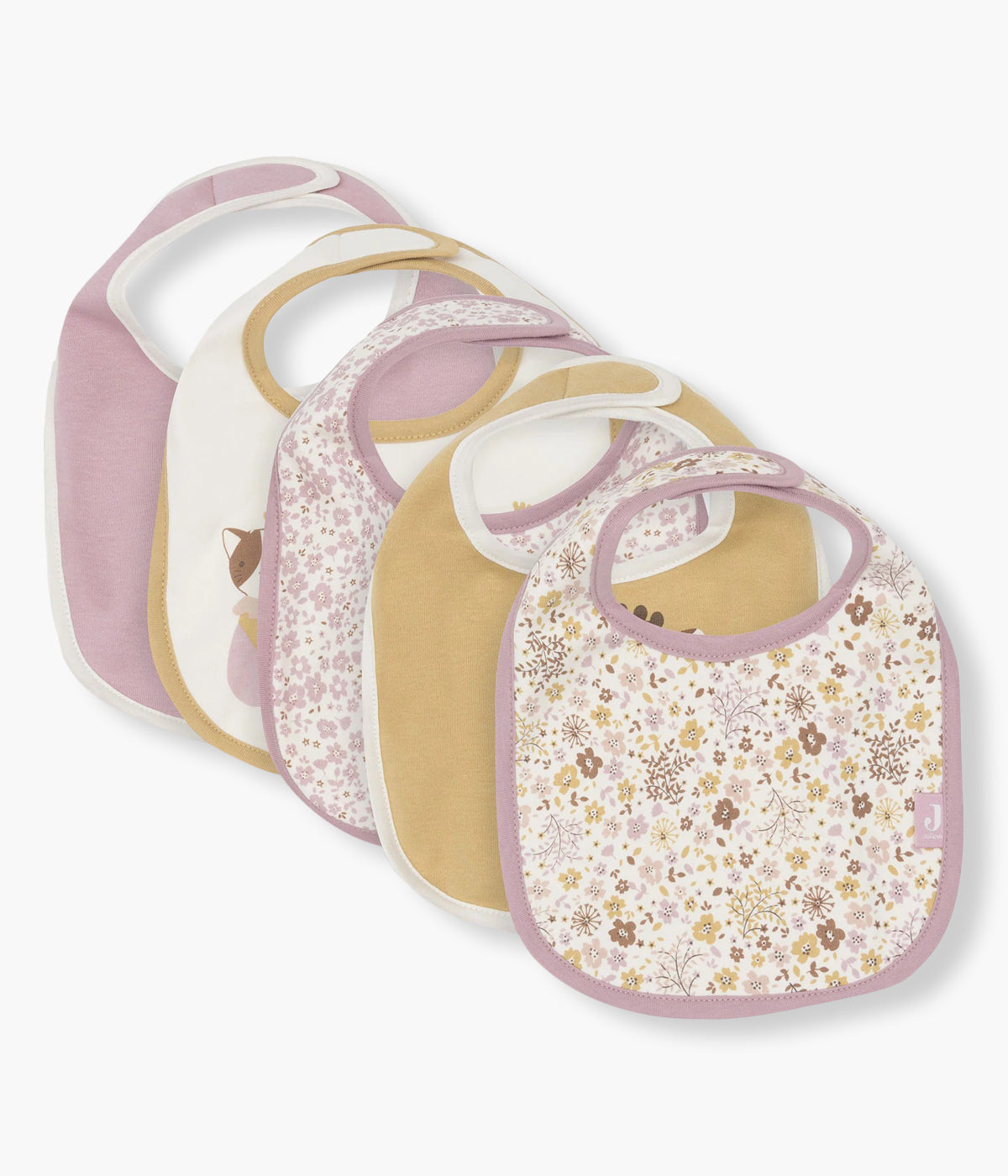 Pack de 5 Babetes Impermeáveis Flower Fairies da Jollein, 100% algodão. Perfeitas para as refeições do seu bebé, possuem um fecho em velcro para colocar e retirar facilmente. Práticas babetes que mantêm a roupa limpa e seca, combinando funcionalidade e um toque encantador com os seus adoráveis padrões.