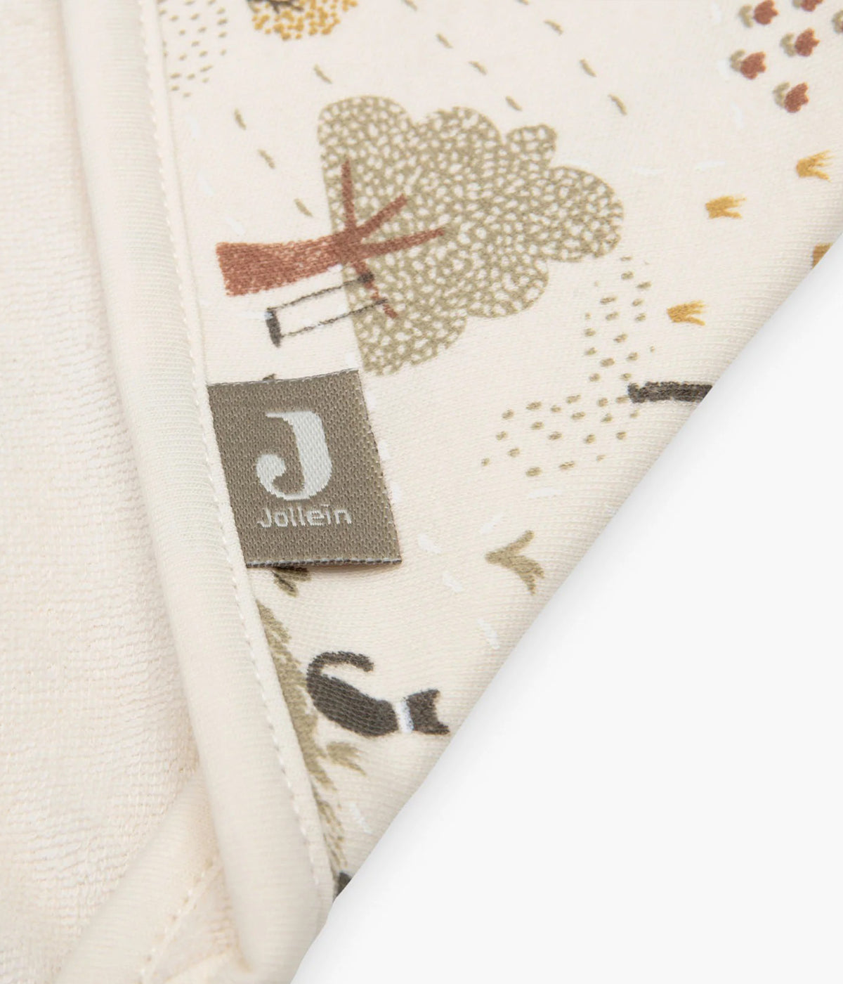 Toalha de banho em algodão para bebé e recém-nascido(a) coleção Tiny Park da Jollein. Tecido de algodão turco muito absorvente de cor pérola e exterior com padrão animais e árvores. Carapuço no canto.