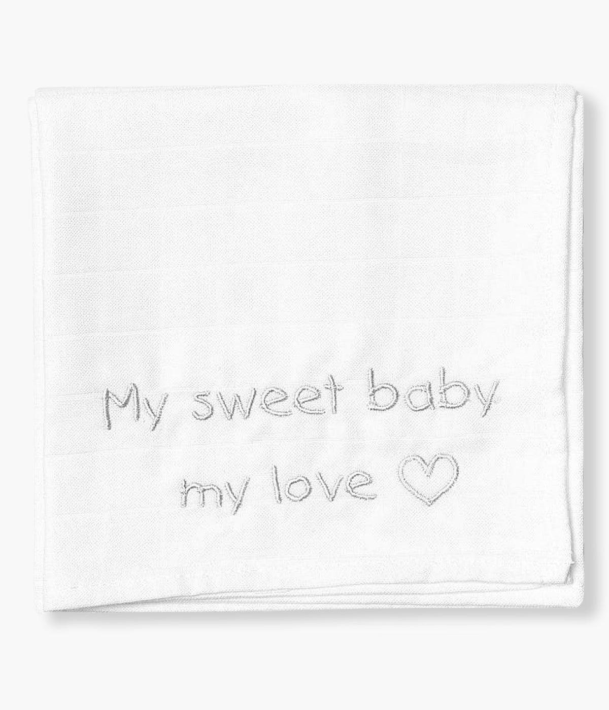 Fralda musselina da Wedoble para bebé e recém-nascido(a), 100% algodão. Picueta à cor a toda a volta e detalhe no canto com bordado "My Sweet Baby My Love" em cinza.