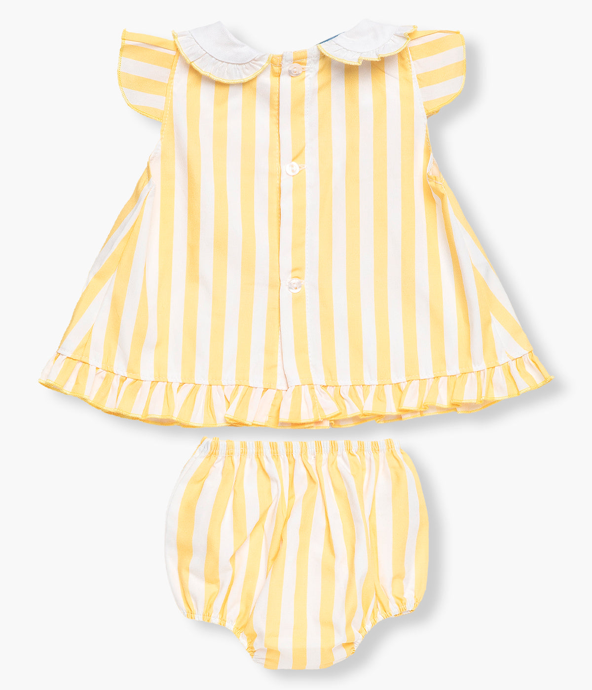 Vista de costas do conjunto amarelo da Juliana para bebé menina e recém‑nascida, composto por vestido e tapa fraldas. Vestido sem mangas com padrão riscas amarelas e brancas com gola redonda cortada branca, rebordo ondulado na parte inferior e folho nos ombros. Tapa fraldas a combinar.