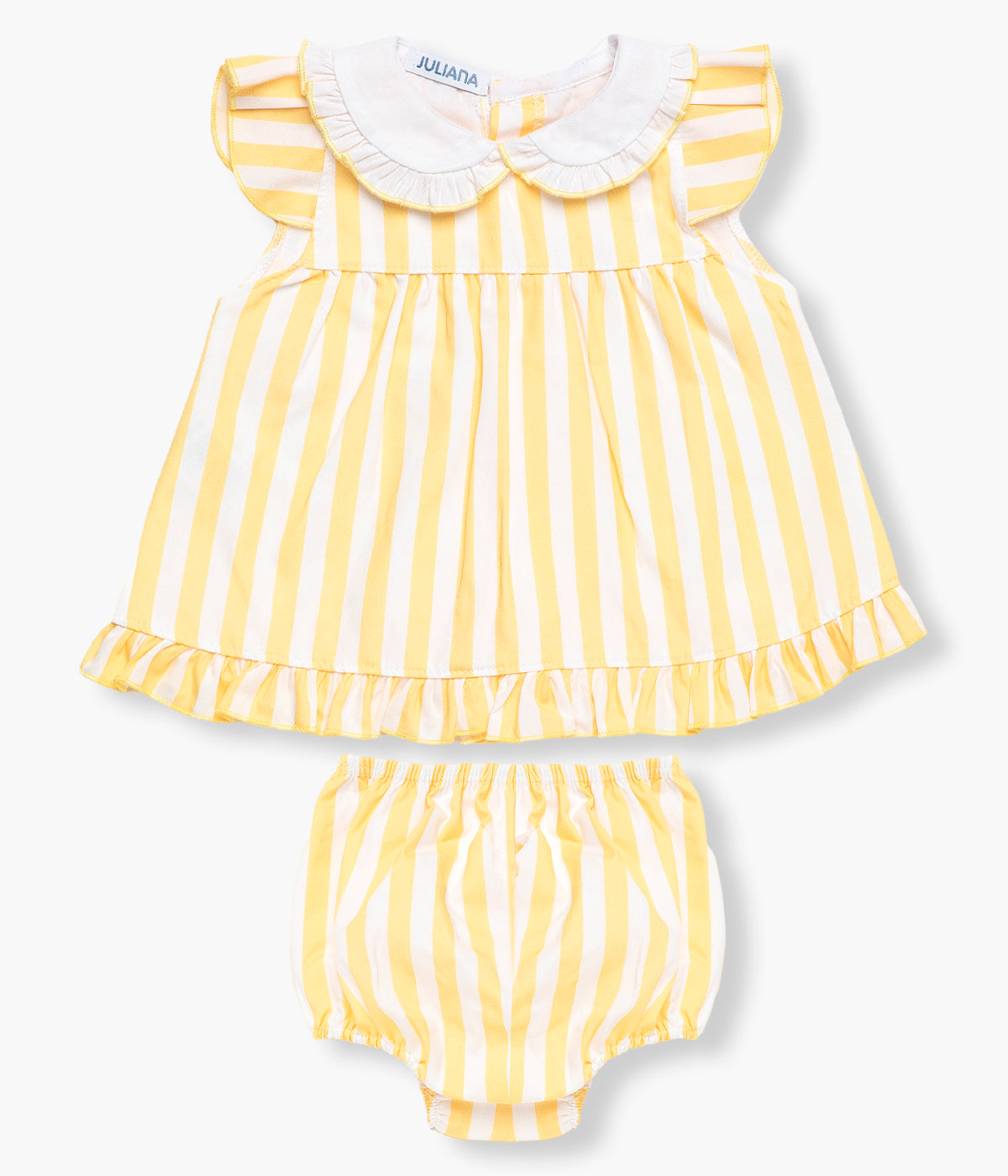 Vista de frente do conjunto amarelo da Juliana para bebé menina e recém‑nascida, composto por vestido e tapa fraldas. Vestido sem mangas com padrão riscas amarelas e brancas com gola redonda cortada branca, rebordo ondulado na parte inferior e folho nos ombros. Tapa fraldas a combinar.