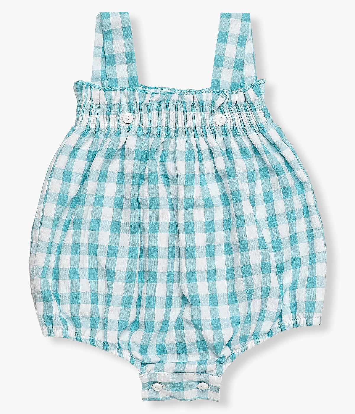 Vista de frente do fofo com padrão vichy azul da Juliana para bebé menina e recém‑nascida. Fofo de alças com suave elástico no peito. Abertura nas costas, alças e entrepernas.