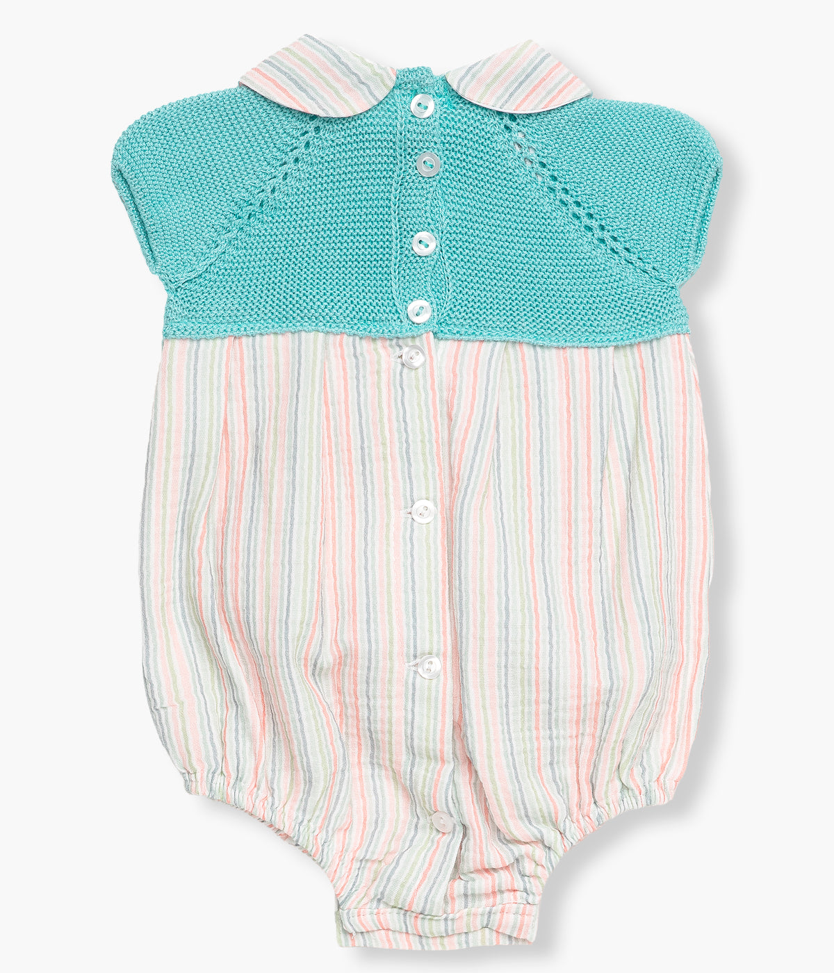 Vista de costas do fofo em malha e algodão verde-água da Juliana para bebé e recém‑nascido(a). Parte superior em malha verde-água com gola às riscas coloridas laranja, verde, azul e branco. Parte inferior a combinar com a gola.