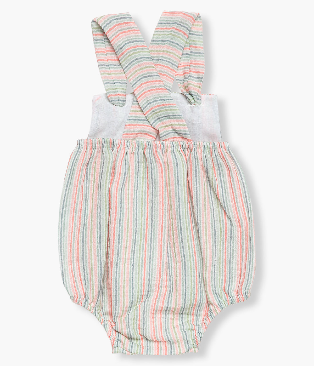 Vista de costas do fofo em algodão da Juliana para bebé e recém‑nascido(a). Delicado fofo com padrão riscas laranja, verde, azul e branco de abertura nas alças e na frente com botões para vestir facilmente.