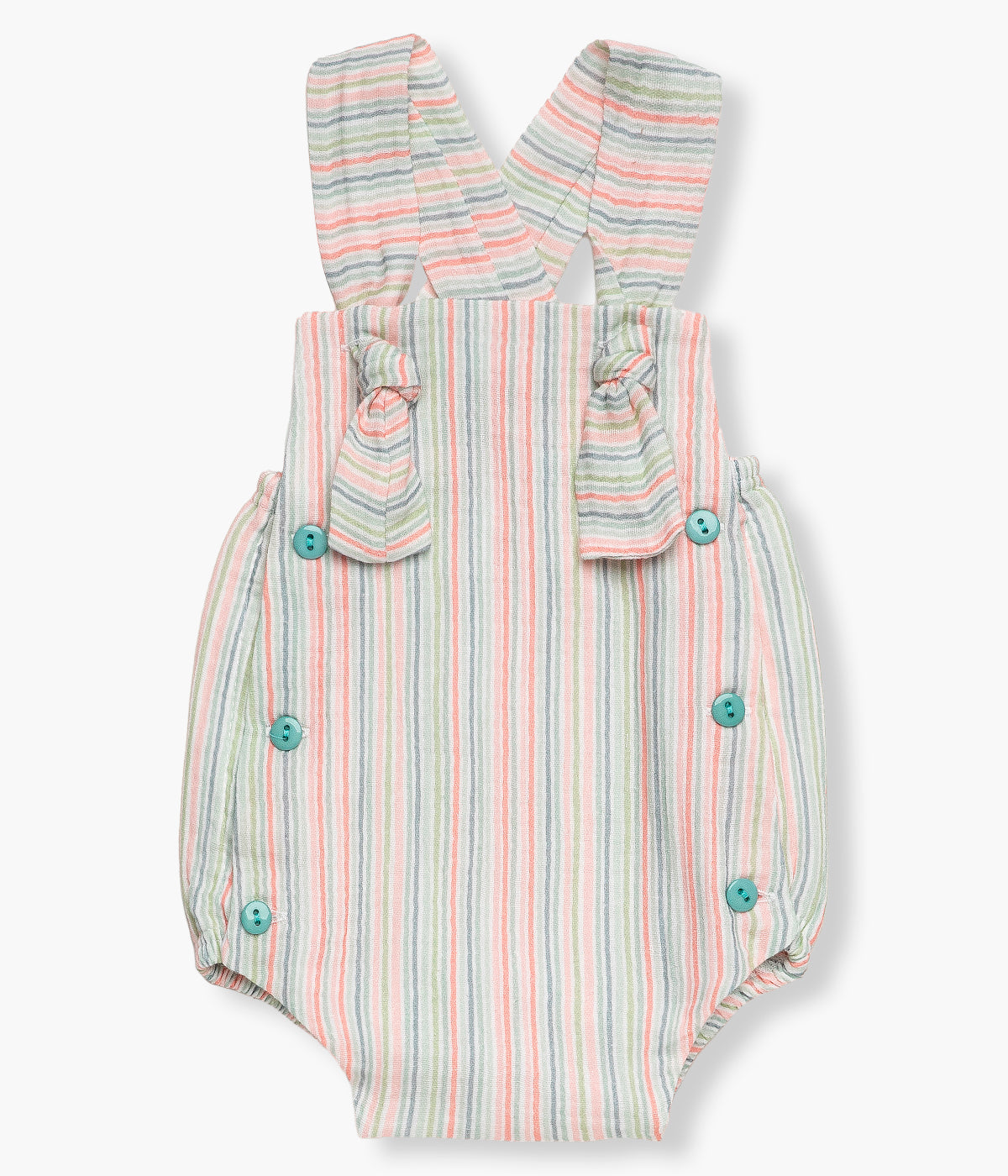 Vista de frente do fofo em algodão da Juliana para bebé e recém‑nascido(a). Delicado fofo com padrão riscas laranja, verde, azul e branco de abertura nas alças e na frente com botões para vestir facilmente.