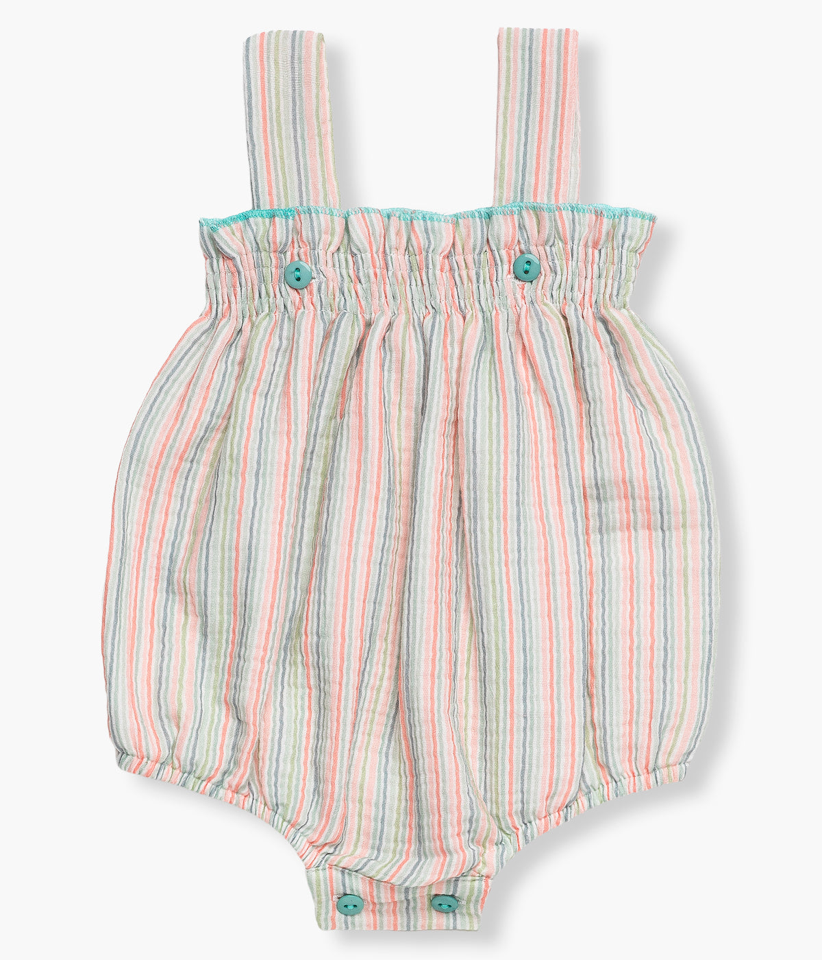 Vista de frente do fofo da Juliana para bebé e recém‑nascido(a), 100% algodão. Delicado fofo padrão riscas laranja, verde, azul e branco com suave elástico no peito. Abertura nas alças, nas costas e entrepernas com botões para vestir facilmente.