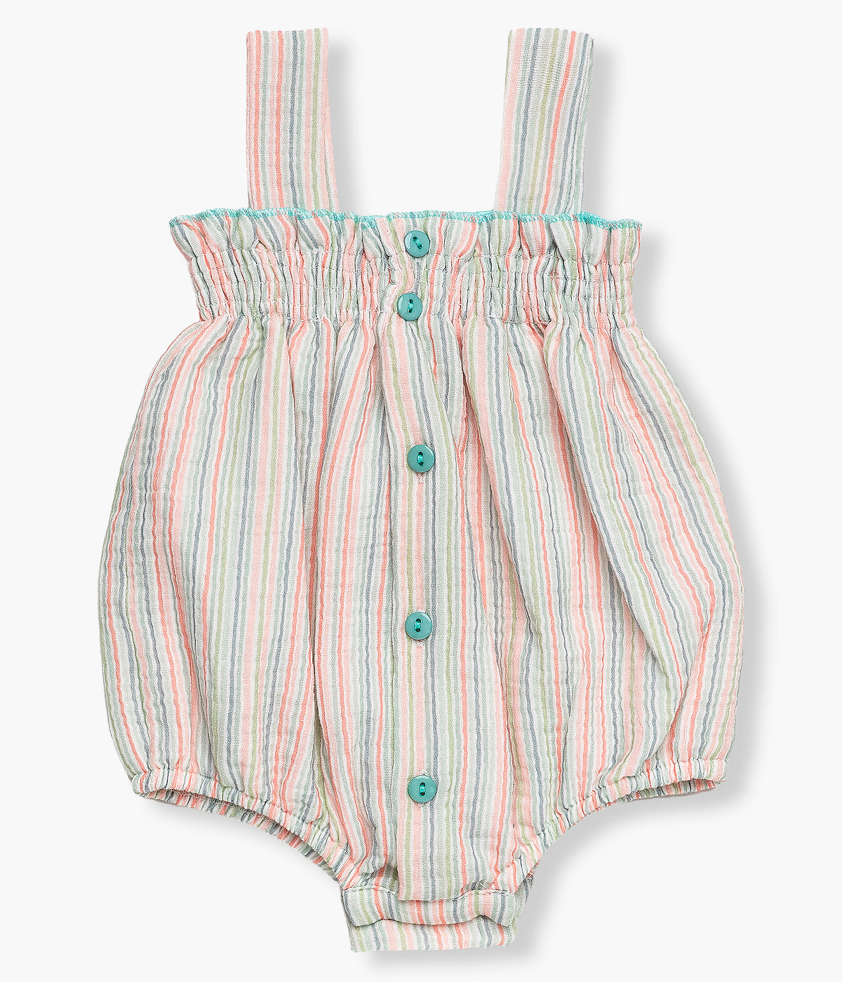 Vista de costas do fofo da Juliana para bebé e recém‑nascido(a), 100% algodão. Delicado fofo padrão riscas laranja, verde, azul e branco com suave elástico no peito. Abertura nas alças, nas costas e entrepernas com botões para vestir facilmente.