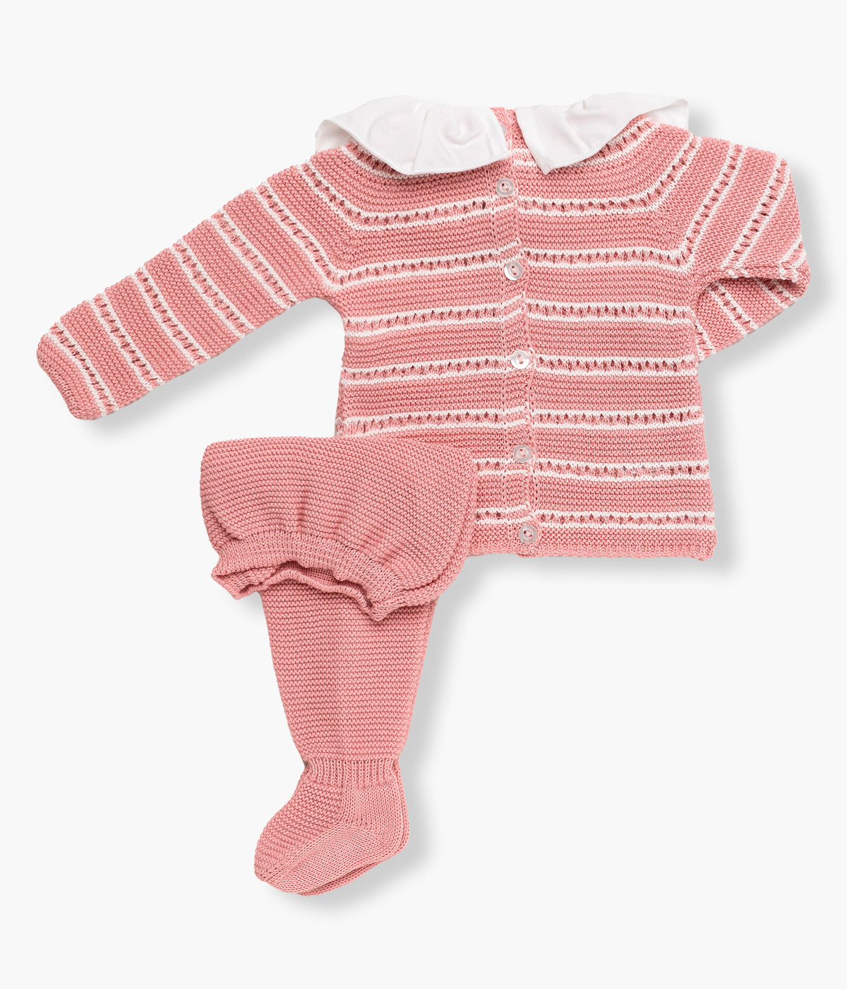 Viosta de costas conjunto 2pc malha rosa velho da Juliana para bebé menina. Camisola gola folho e detalhes perfurados. Calças com pés lisas a combinar.