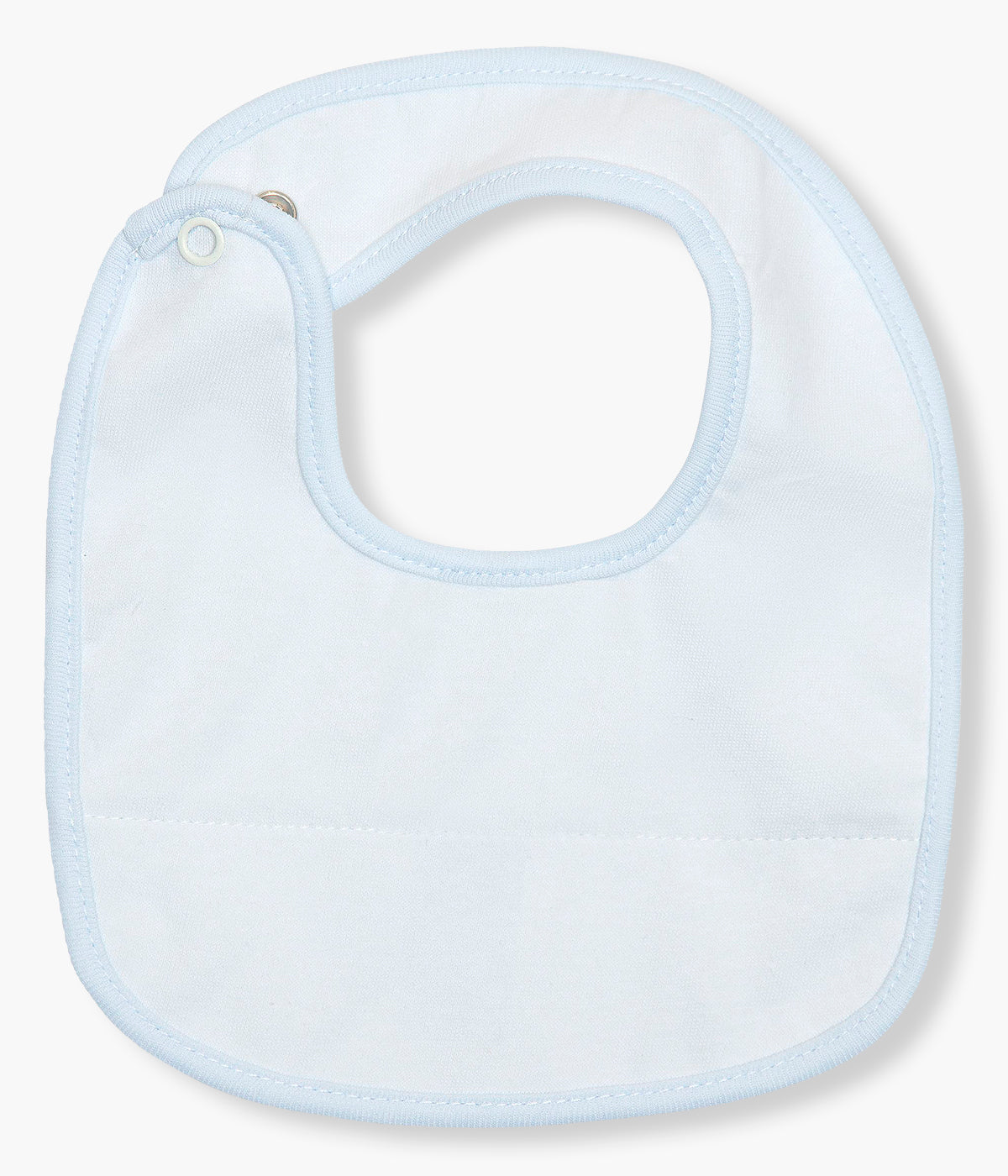 Vista de trás da babete impermeável azul da Baby Gi para bebé e recém-nascido(a), 100% algodão. Elegante babete de formato retangular com detalhe em tecido com faixa em renda perfurada.