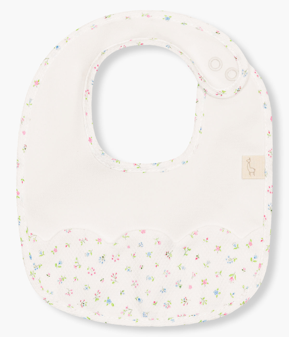 Babete impermeável pérola da Baby Gi para bebé menina e recém-nascida, 100% algodão. Elegante babete de formato quadrado com detalhe em tecido piquet contorno ondulado e detalhes florais.