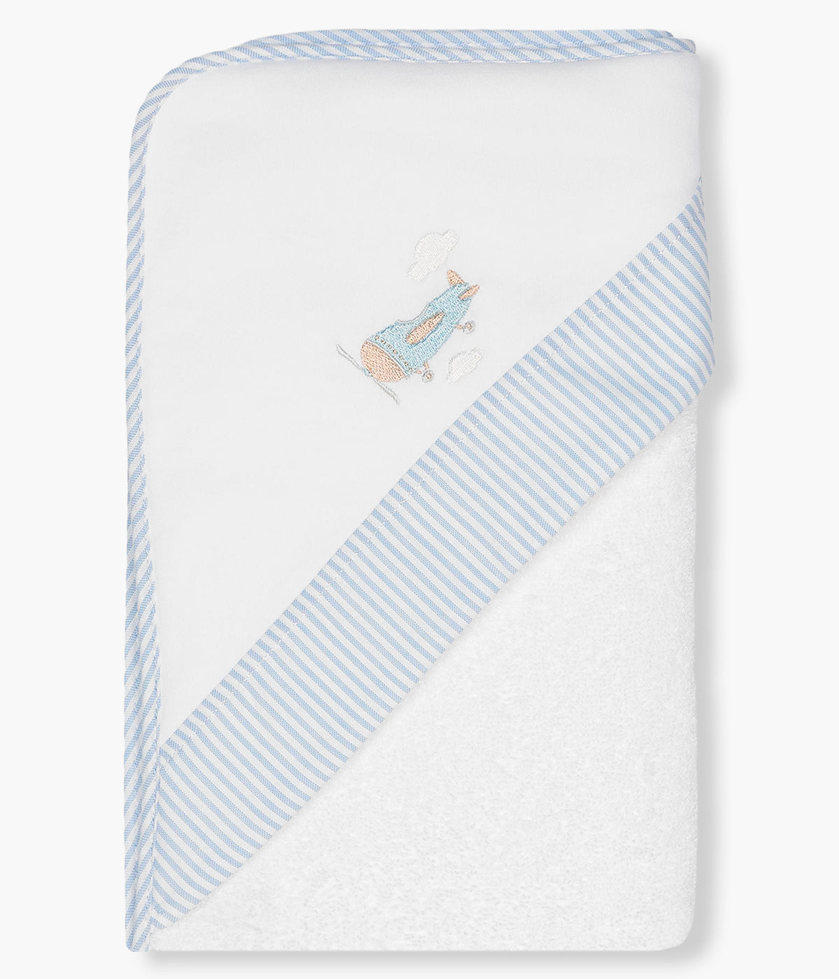 Toalha de banho da Baby Gi para bebé menino e recém-nascido, 100% algodão. Suave e absorvente toalha em turco branco com carapuço no canto com detalhe riscas azuis e pequena avioneta bordada.