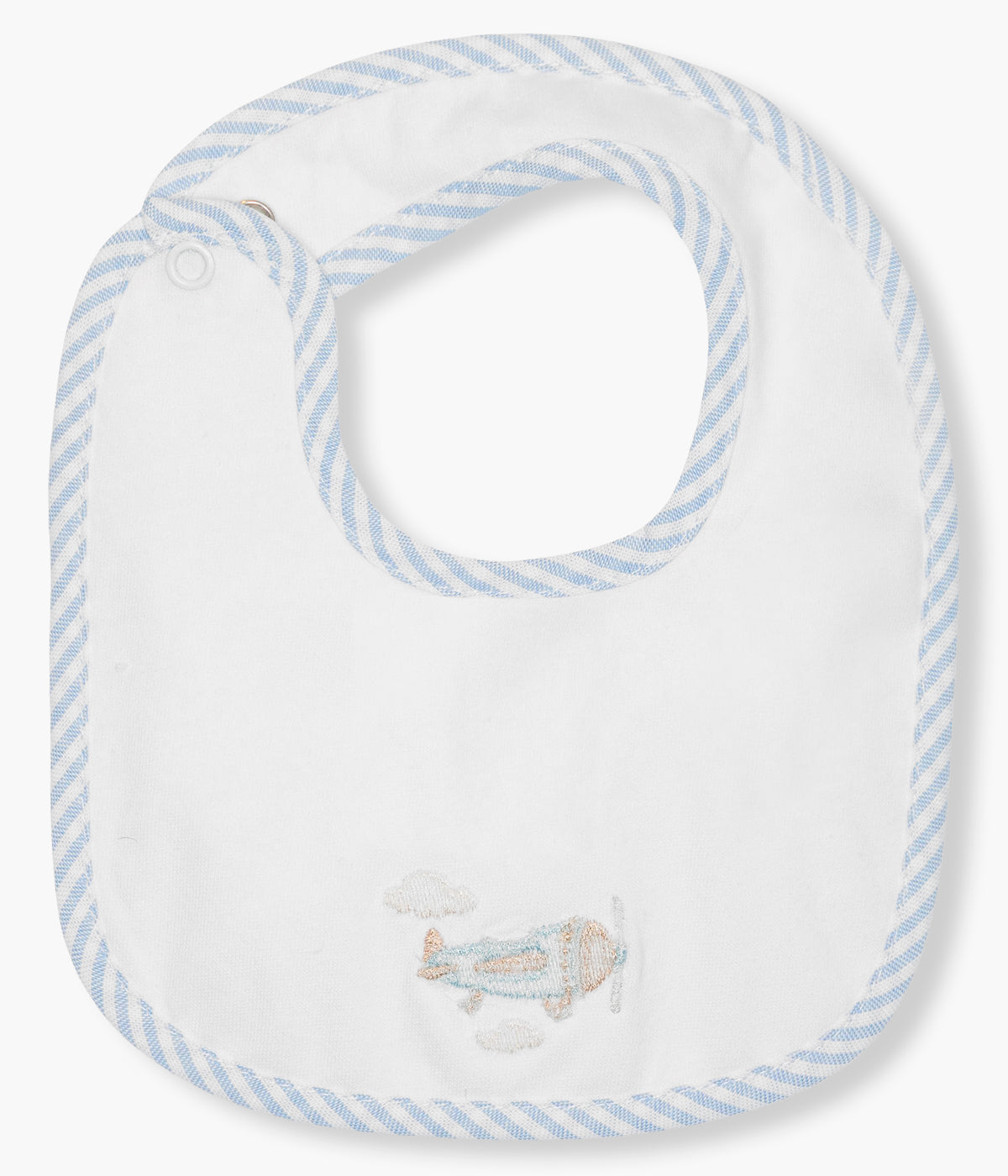 Babete impermeável branca e azul da Baby Gi para bebé menino e recém-nascido, 100% algodão. Elegante babete de formato quadrado com padrão riscas nos contornos e bordado avioneta na frente.