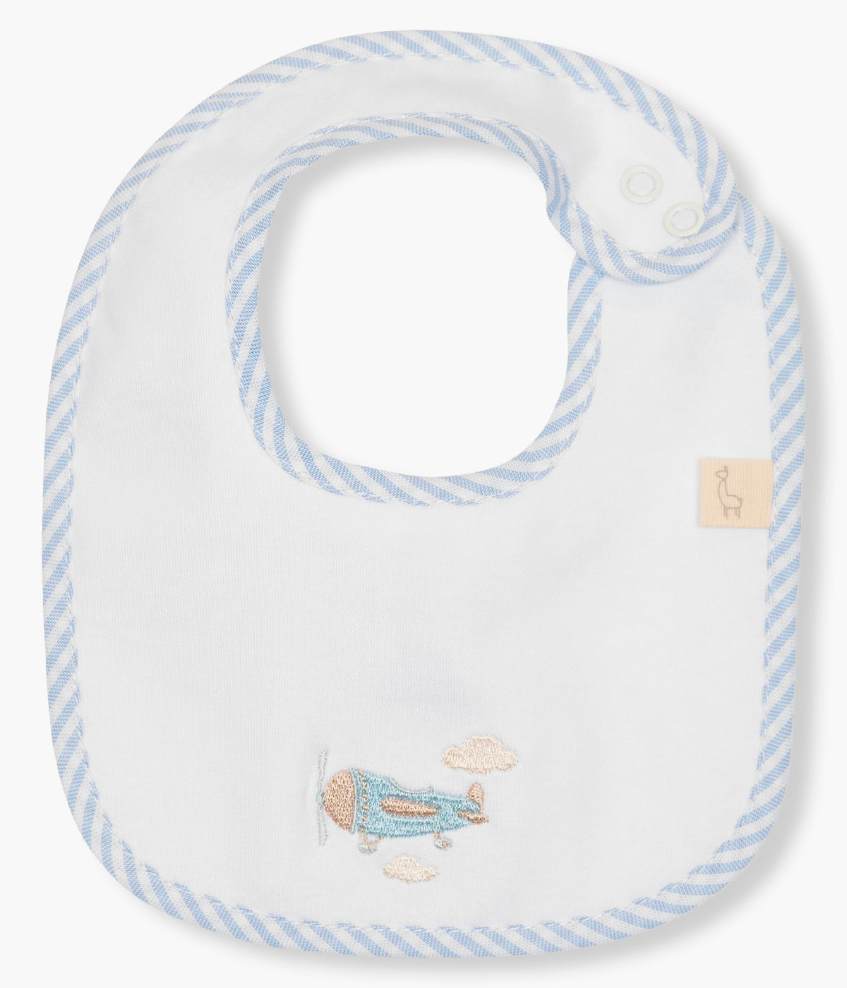Babete impermeável branca e azul da Baby Gi para bebé menino e recém-nascido, 100% algodão. Elegante babete de formato quadrado com padrão riscas nos contornos e bordado avioneta na frente.