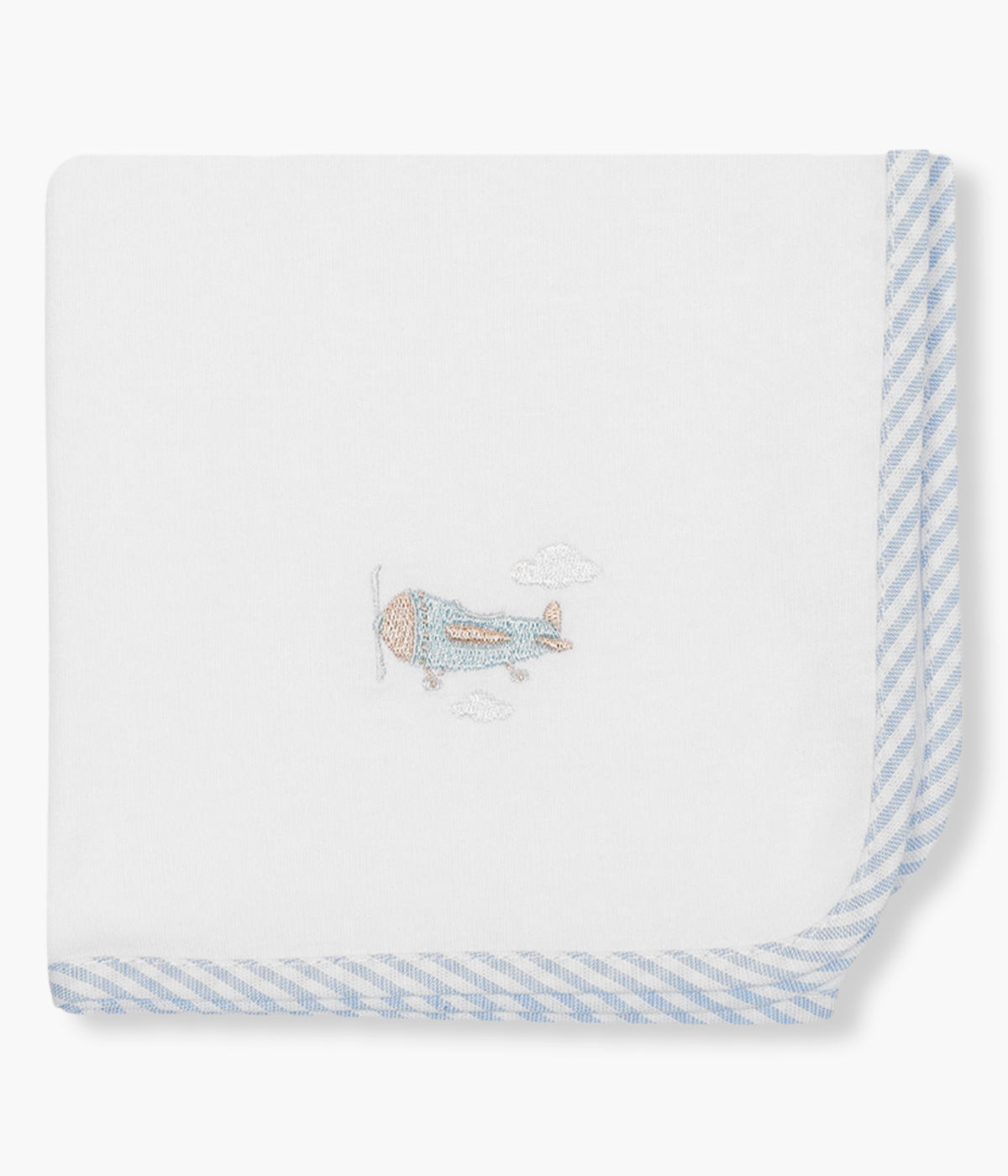 Fralda branca da Baby Gi para bebé menino e recém-nascido, 100% algodão. Delicada fralda com avioneta quente bordado no canto e rebordo com riscas azuis.