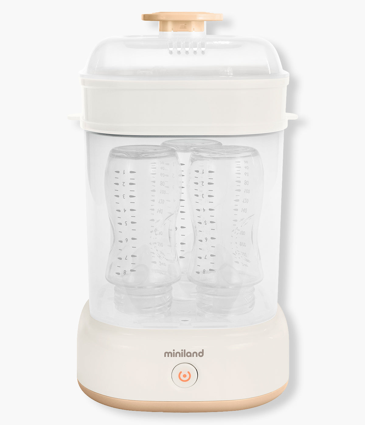 Esterilizador de biberões Miniland Steamy visto de frente com biberõe no interior.