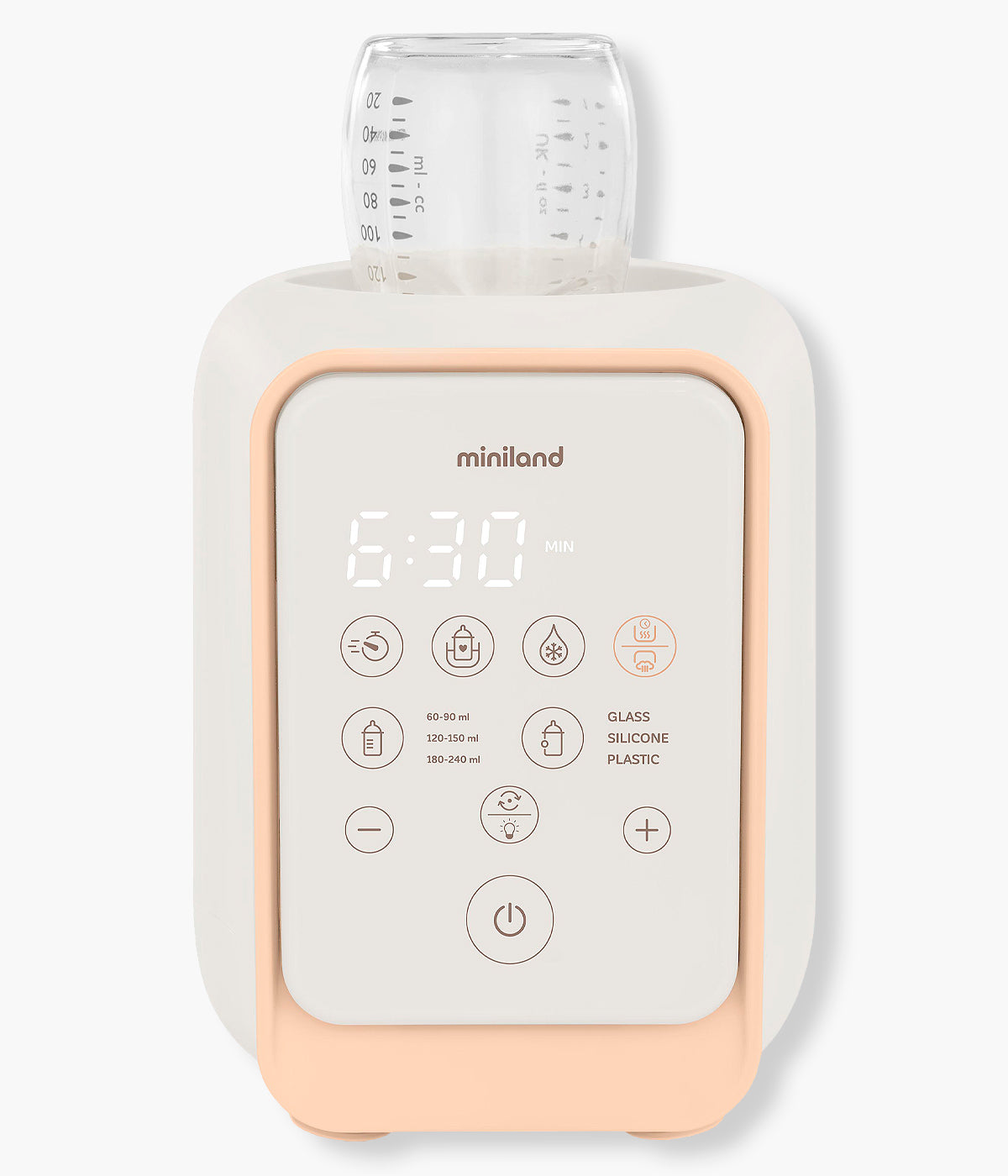 Aquecedor de Biberões Miniland Warmy Twist 5 em 1 visto de frente.