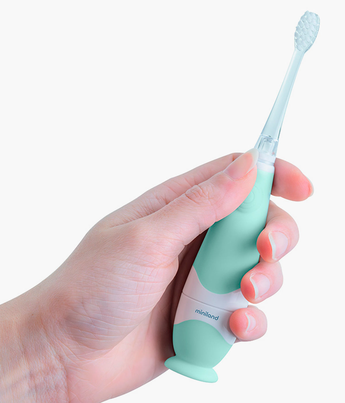 Escova de Dentes Elétrica Evolutiva Miniland Baby Tooth Care na mão.