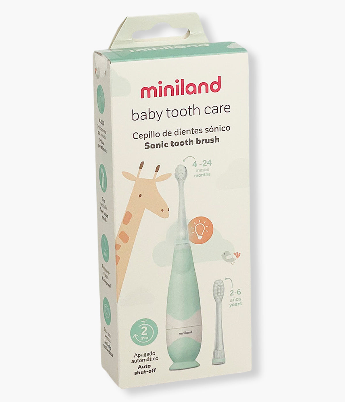 Escova de Dentes Elétrica Evolutiva Miniland Baby Tooth Care com caixa exterior.
