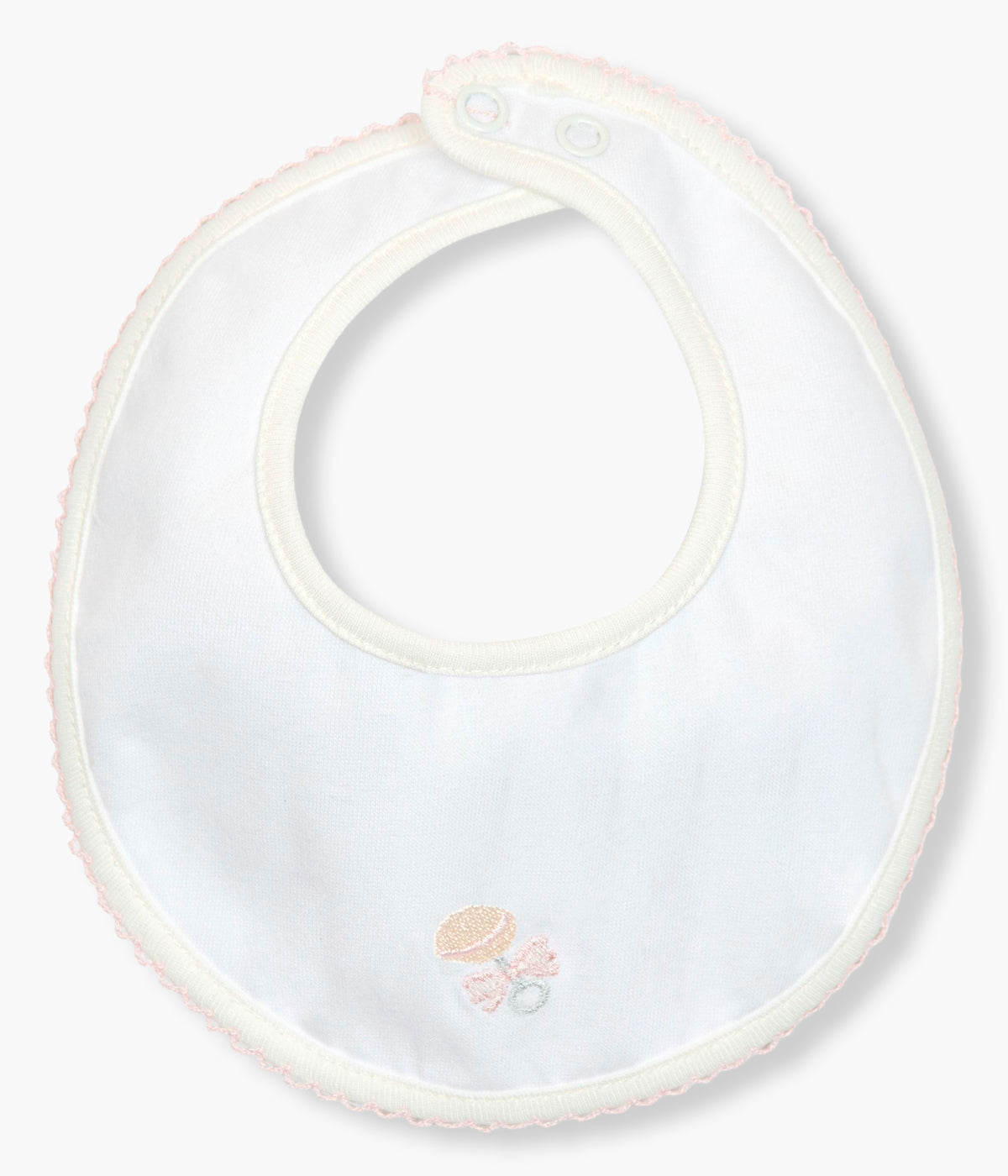 Vista de trás da babete impermeável pérola da Baby Gi para bebé menina e recém-nascida, 100% algodão. Elegante babete com rebordo em picueta rosa e pequeno guizo bordado na frente.
