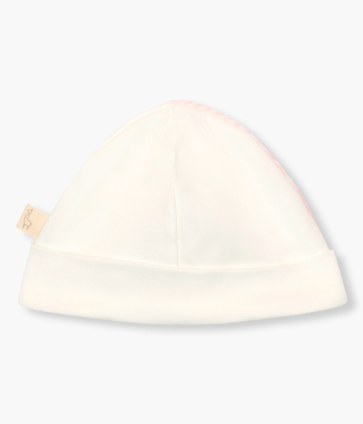 Vista de trás do gorro duplo em algodão pérola da Baby Gi para bebé menina e recém-nascida, 100% algodão. Suave gorro com lateral com riscas rosa, dobra a toda a volta e interior sem costuras.