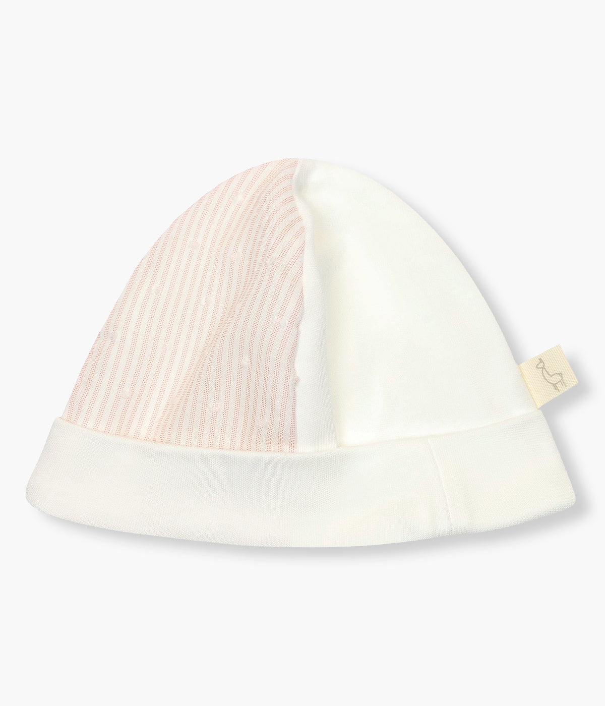 Vista de frente do gorro duplo em algodão pérola da Baby Gi para bebé menina e recém-nascida, 100% algodão. Suave gorro com lateral com riscas rosa, dobra a toda a volta e interior sem costuras.