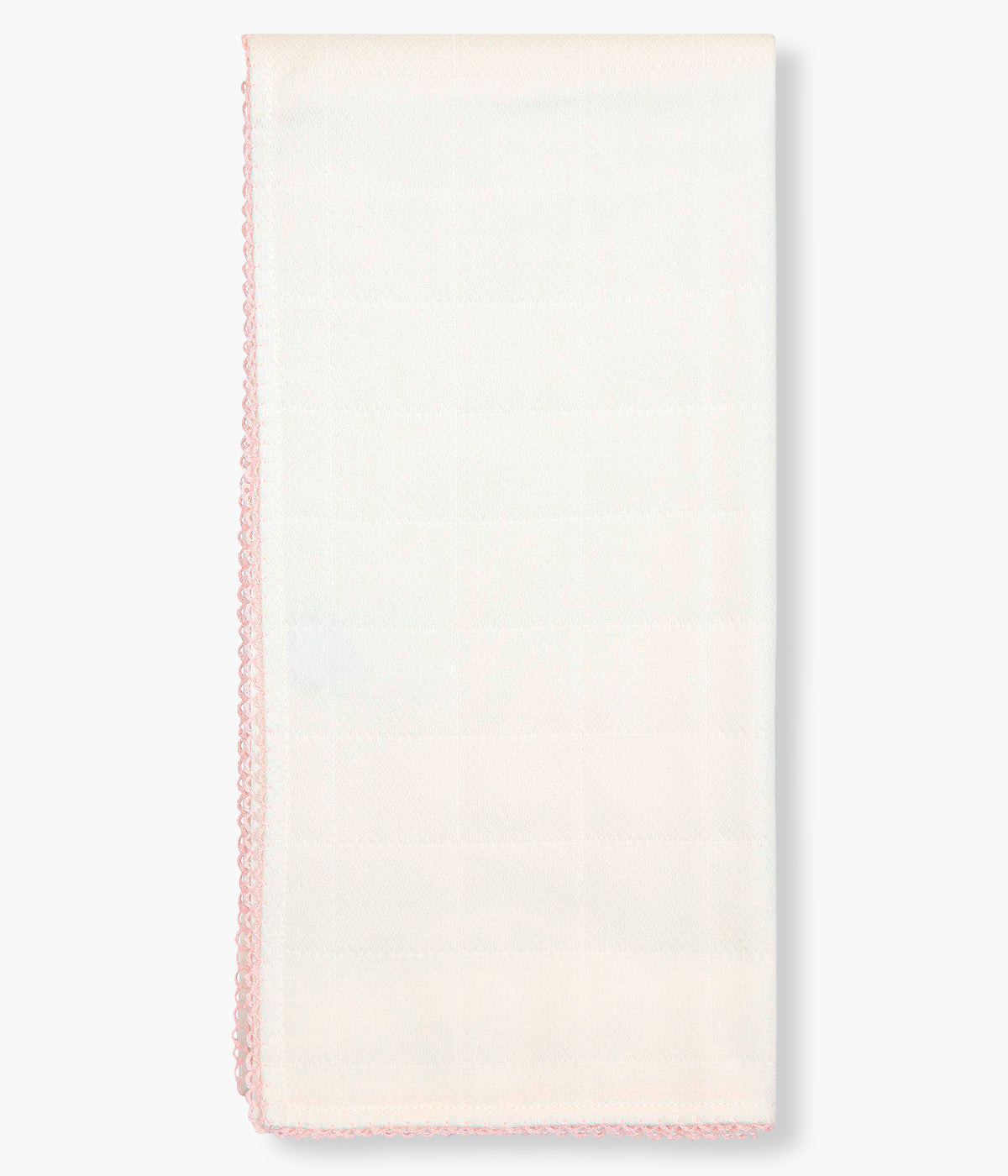 Fralda branca da Baby Gi para bebé menina e recém-nascida, 100% algodão. Delicada fralda com guizo bordado no canto e rebordo com riscas rosa.