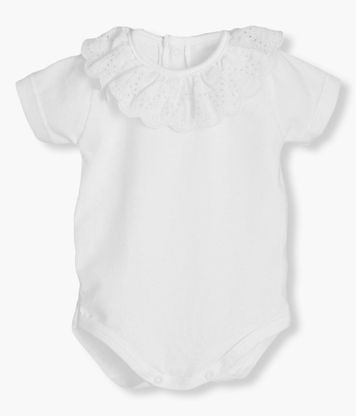 Vista de frente do body de manga comprida em algodão branco da Calamaro Baby para bebé menina e recém-nascida. Gola folho bordado inglês.