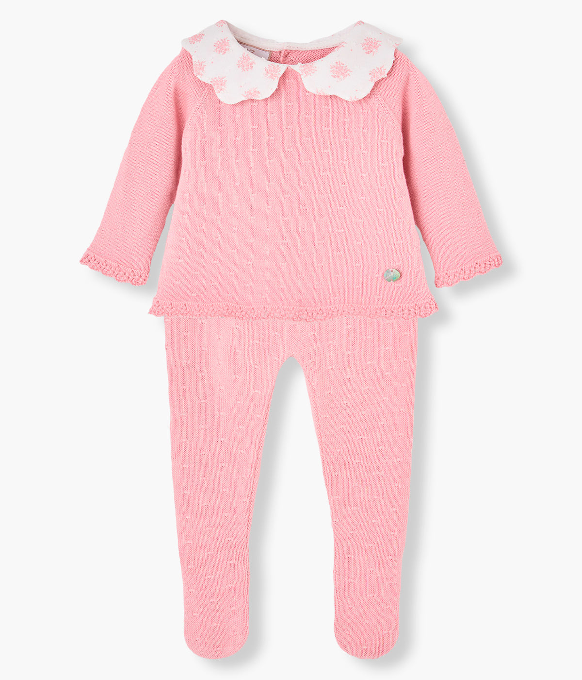 Conjunto Malha Algodão Gola Folho Bebé Menina 2pc Rosa visto de frente.
