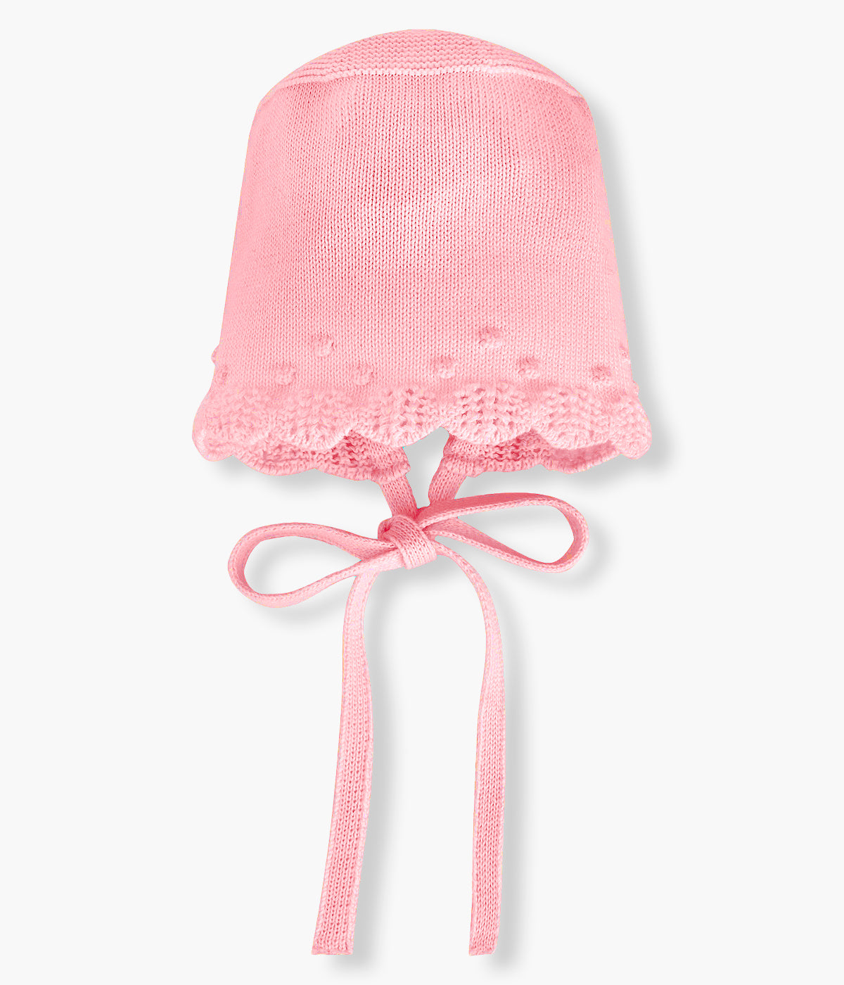 Touca em malha de algodão rosa da Paz Rodríguez para bebé menina e recém-nascida. Elegante touca com detalhes com relevo, pormenores perfurados e rebordo ondulado. Tiras para atar no queixo.