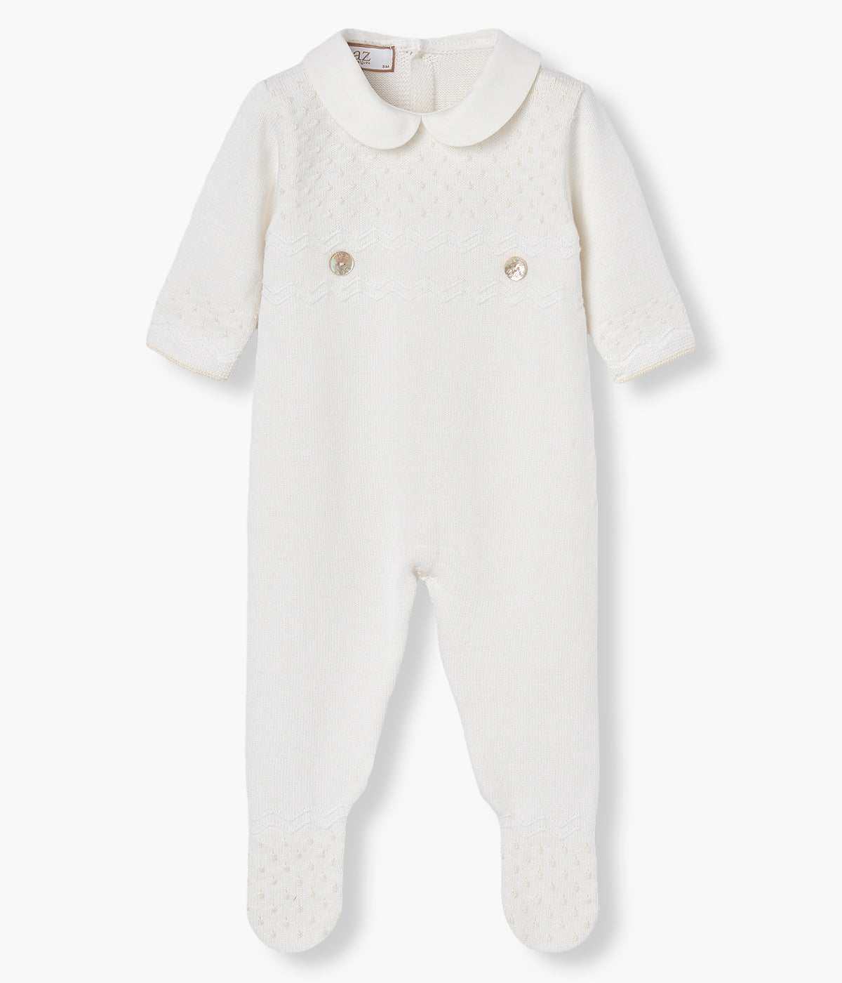 Babygrow em malha de algodão pérola da Paz Rodríguez para bebé e recém-nascido(a) visto de frente.