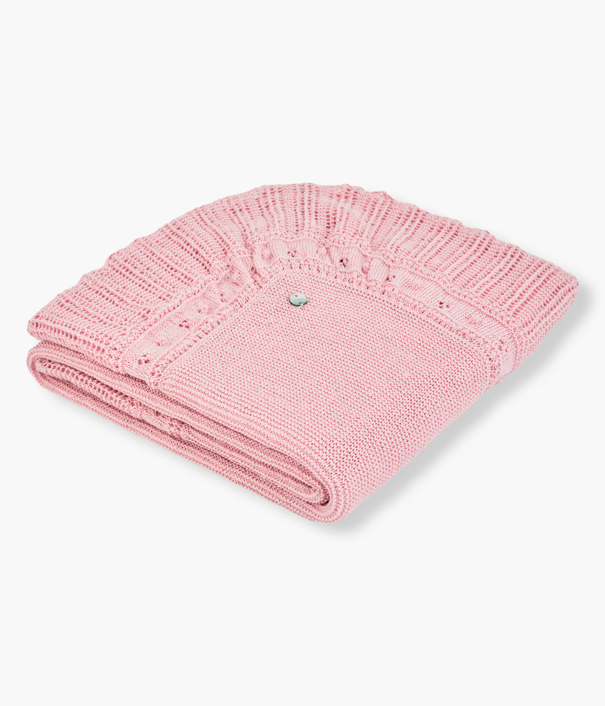 Manta em malha de algodão rosa-velho da Paz Rodríguez para bebé menina e recém-nascida. Contorno ondulado, detalhes com relevo e medalha madrepérola.