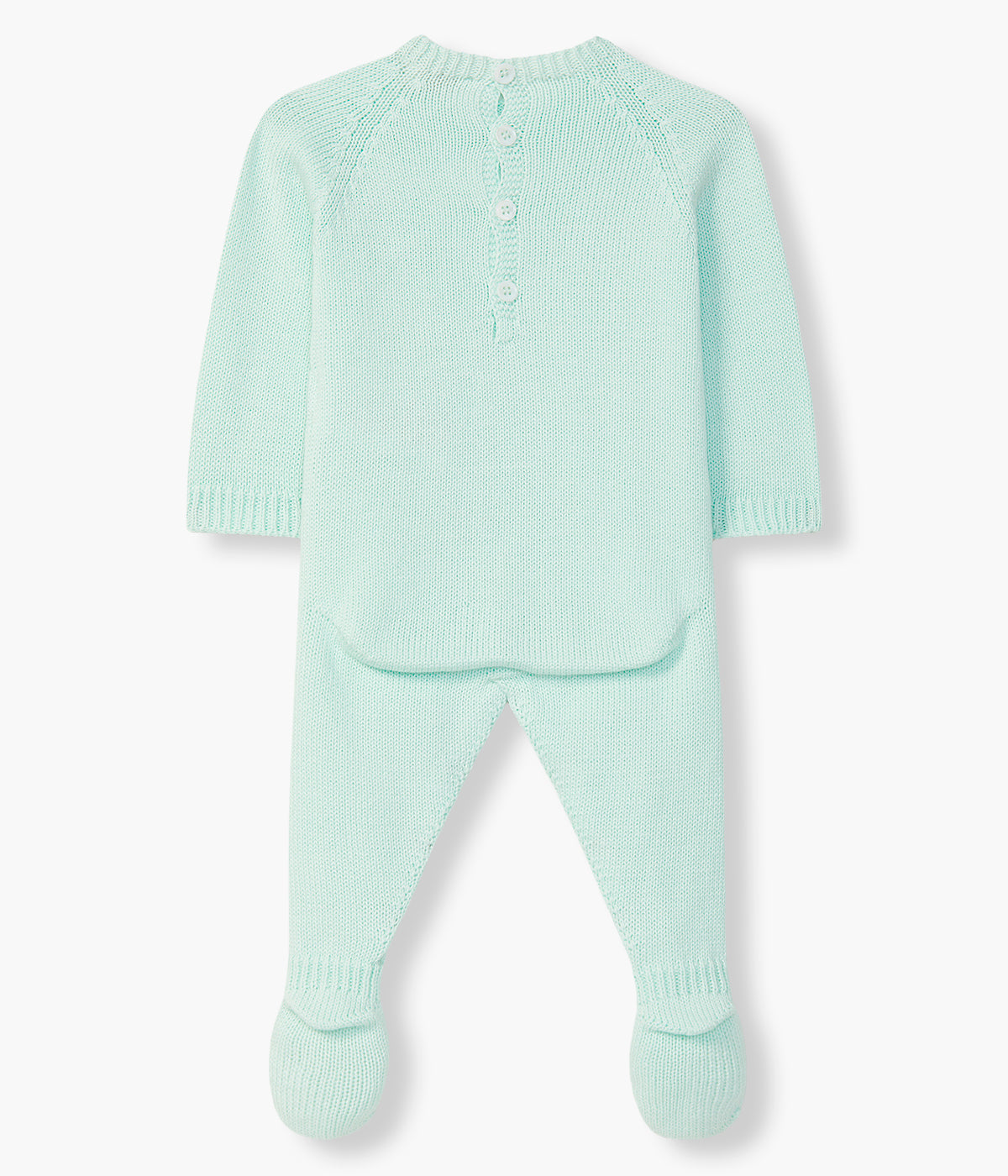 Vista de costas do babygrow em malha de algodão orgânico verde-água da Wedoble para bebé e recém-nascido(a). Suave e delicada malha com detalhes entrelaçados na frente. Abertura nas costas e entrepernas.